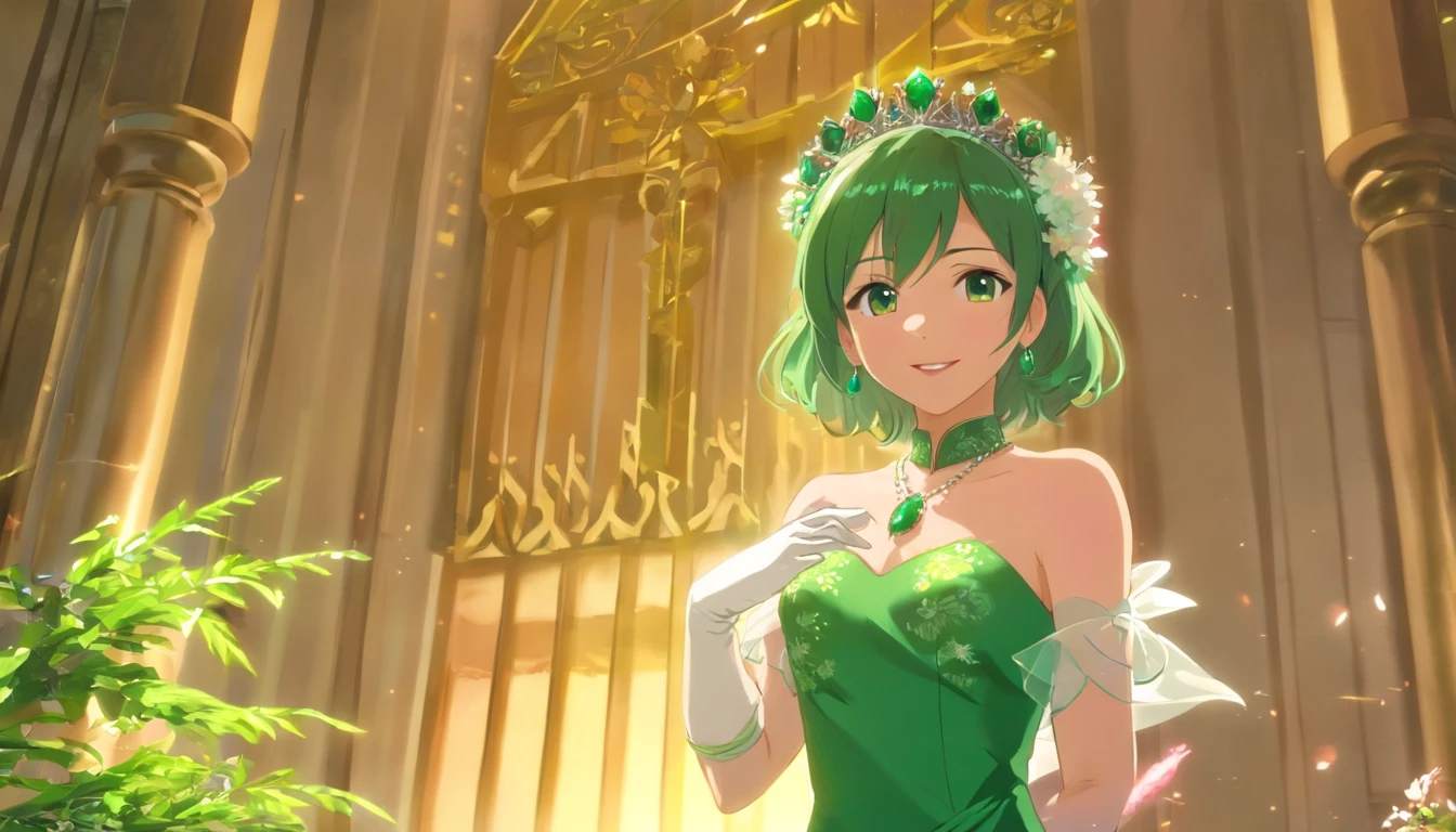 Green Dress Flower Cleanser，Sense of atmosphere, best qualtiy，tmasterpiece，1girll，30-years old，Green dress，Daytime Church，full body Esbian, Green gloves，Very short hair like a man，big breasts beautiful，looking at viewert，ssmile，Green Bridal Veil，Green Long Grove，Satin green long gloves,　lipsticks, Pearl Necklace、Green gloves,emerald tiara, A Japanese Lady, Look forward, Emerald earrings