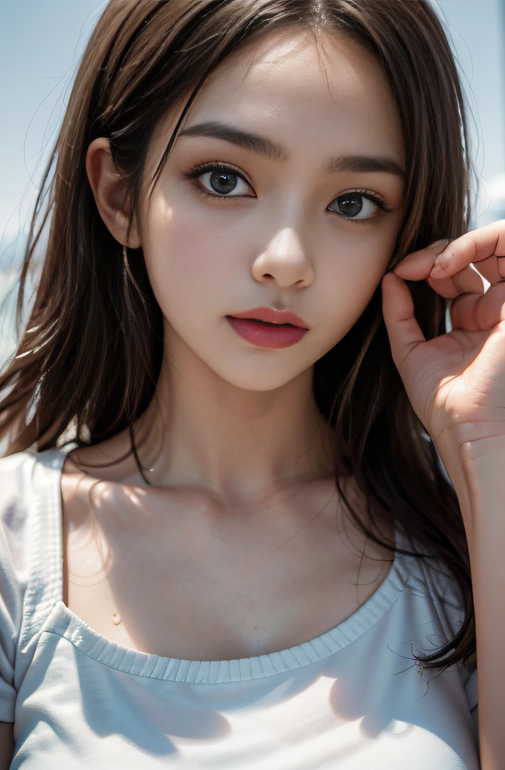 best qualtiy, tmasterpiece, 1girll, beauitful face, (photograph realistic:1.3), edge lit, (highdetailskin:1.2), 8K UHD, digital SLR camera, high high quality, A high resolution, 4K, 8K, Bokeh, absurderes, Optimal proportions of four fingers and one thumb, (realisticlying:1.3), Cute 1girl, dressed in a white t-shirt, mediuml breasts, Short white dress