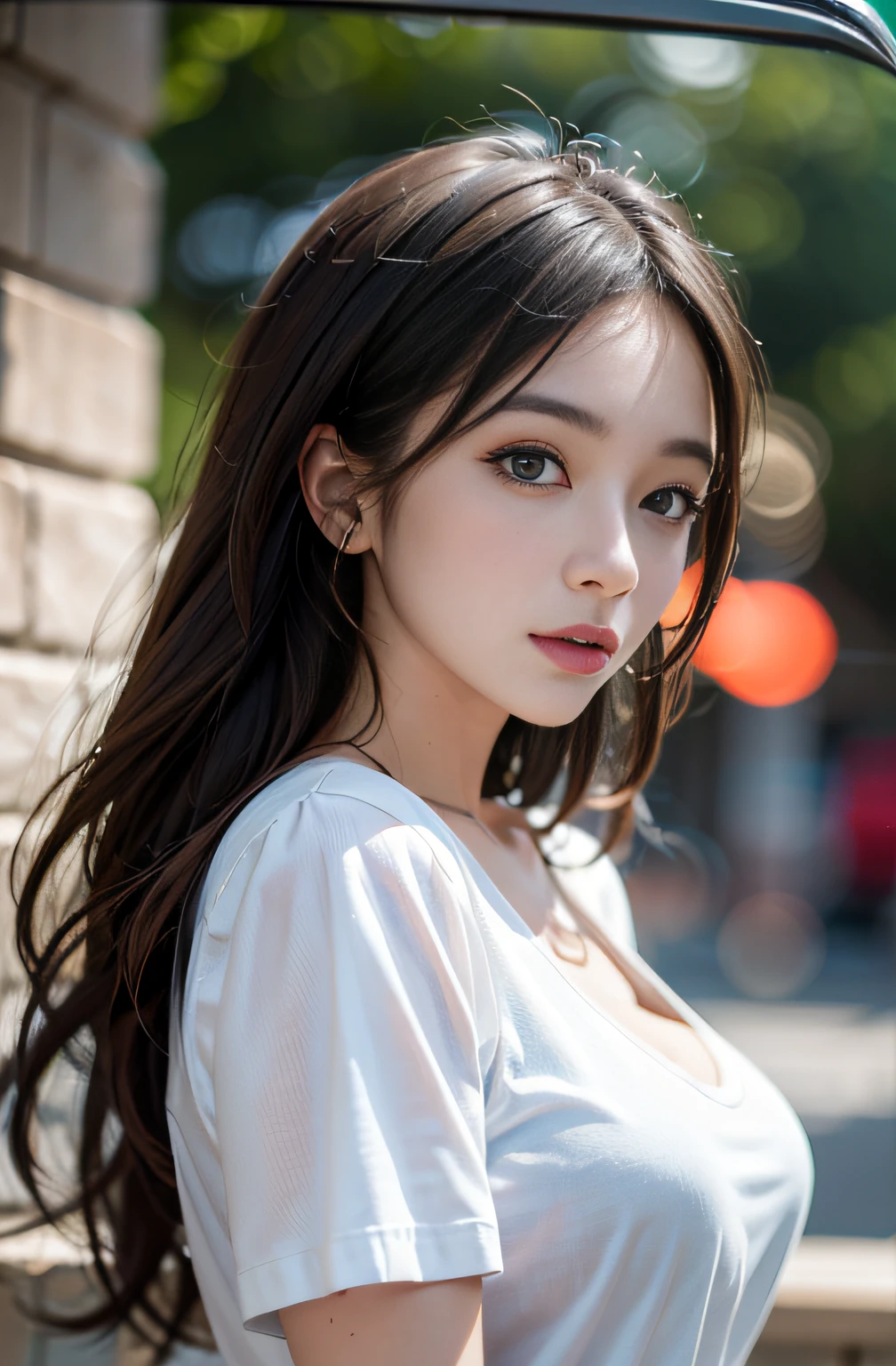 best qualtiy， tmasterpiece， 1girll， beauitful face， （photograph realistic：1.3）， edge lit， （highdetailskin：1.2）， 8K  UHD， digital SLR camera， high high quality， A high resolution， 4K， 8K， Bokeh， absurderes， Optimal proportions of four fingers and one thumb， （realisticlying：1.3）， Cute 1girl， dressed in a white t-shirt， mediuml breasts， Short white dress