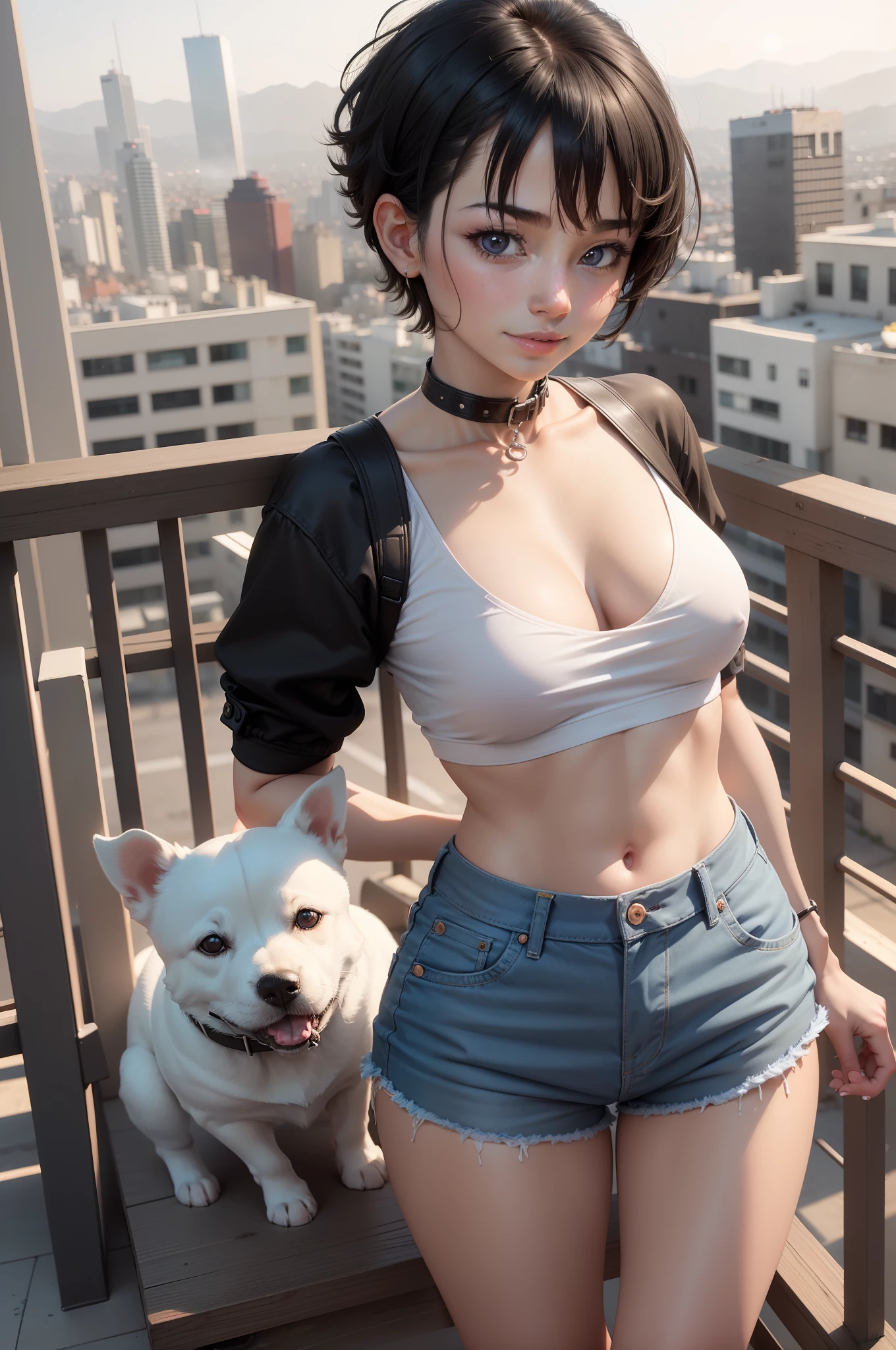 Best Quality, 超A high resolution, and18, One boy and a white puppy, White Jack Russell, Solo, Short black hair, Black eyes, Black shirt, Short denim pants innocent smiles Street, (Externally expanded Chest: 1.2) On a hill with a view Cityscape with sunset view Hold the bug cage and the bug cage Red-collar puppies real looking skin Beautiful expression