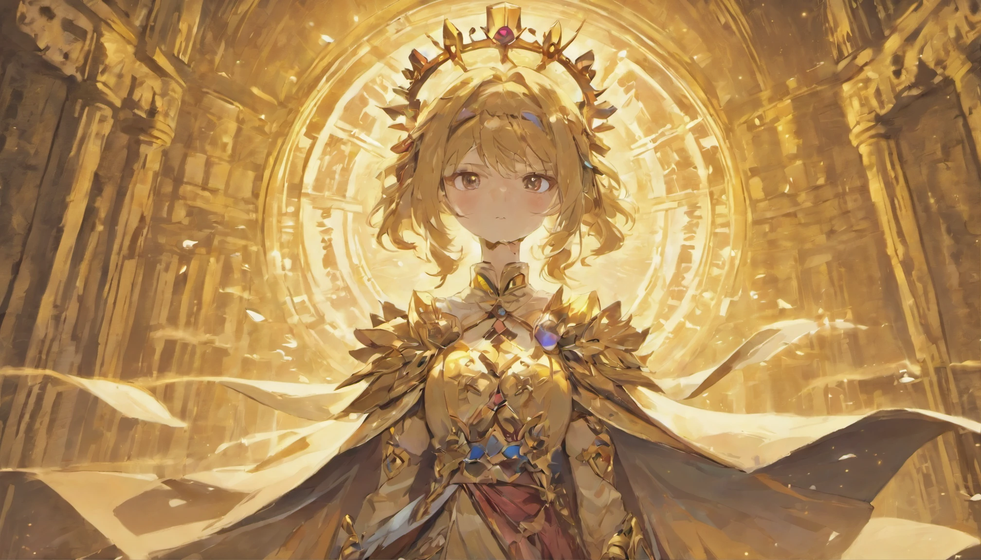 best quality, fantasy, digital art, intense gaze, golden crown, flowing cape, ancient castle, dimly lit, ethereal atmosphere, mystic symbols, powerful aura, dramatic lighting, mysterious background, ornate details