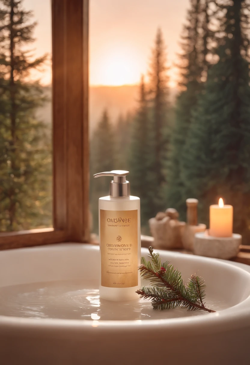 Beautiful design arts work,shampoo,brown spruce,sunset,flat illustration,vibrant,vintage design,bathroom background,8k