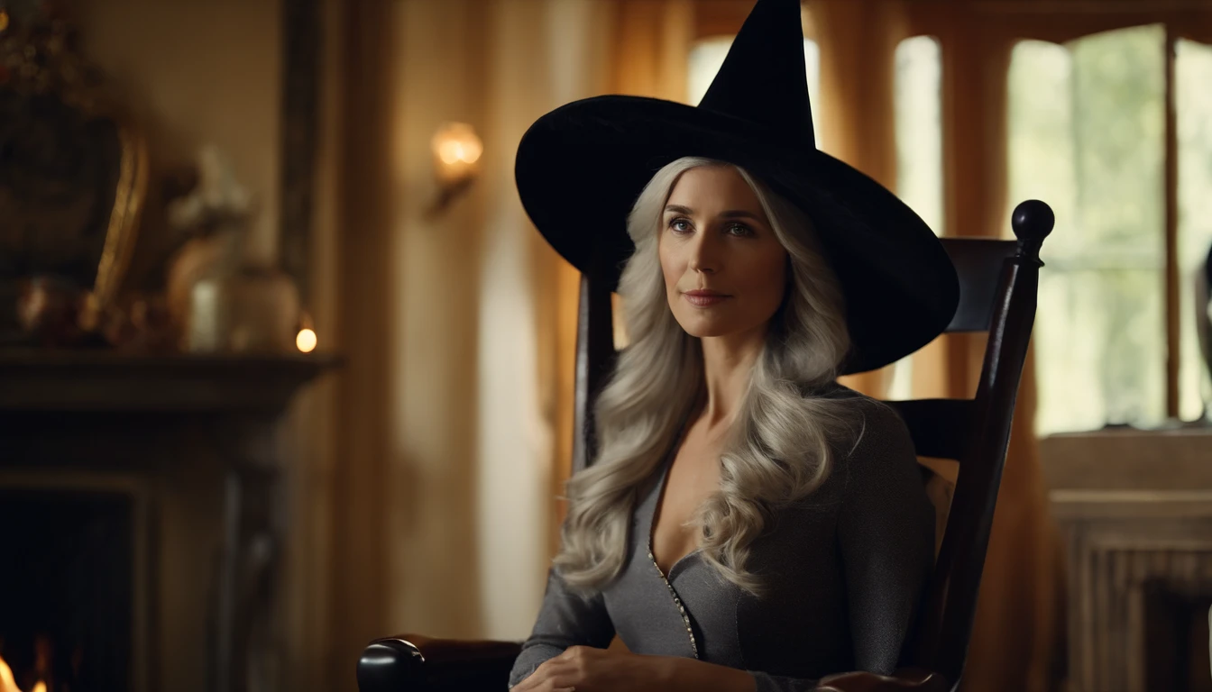 Beautiful and classic 35 year old woman, silver hair, wearing witches hat, Victorian home interior, sitting in rocking chair in Parlor, fireplace behind her, sunny day, Sunbeam, light dust in air, ultra realistic, 4k,