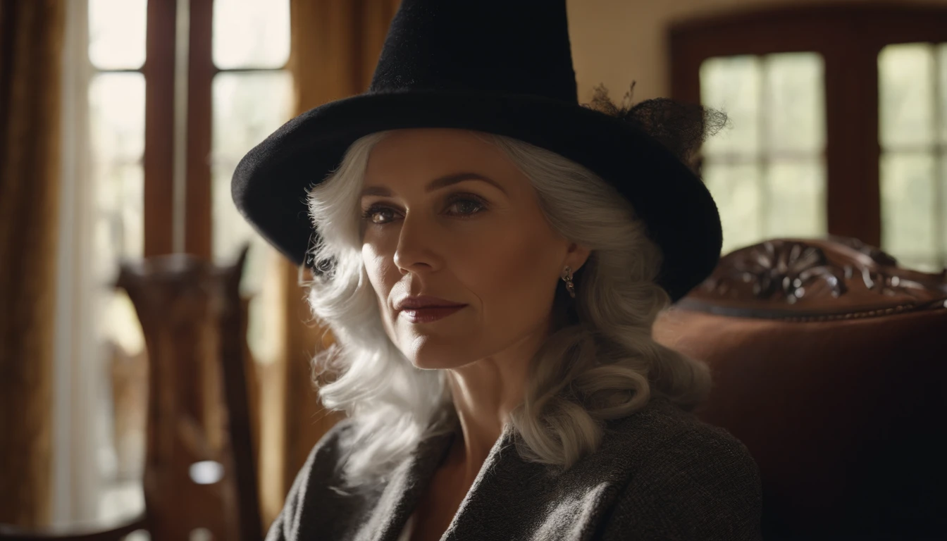 Beautiful and classic 35 year old woman, silver hair, wearing witches hat, Victorian home interior, sitting in rocking chair in Parlor, fireplace behind her, sunny day, Sunbeam, light dust in air, ultra realistic, 4k,