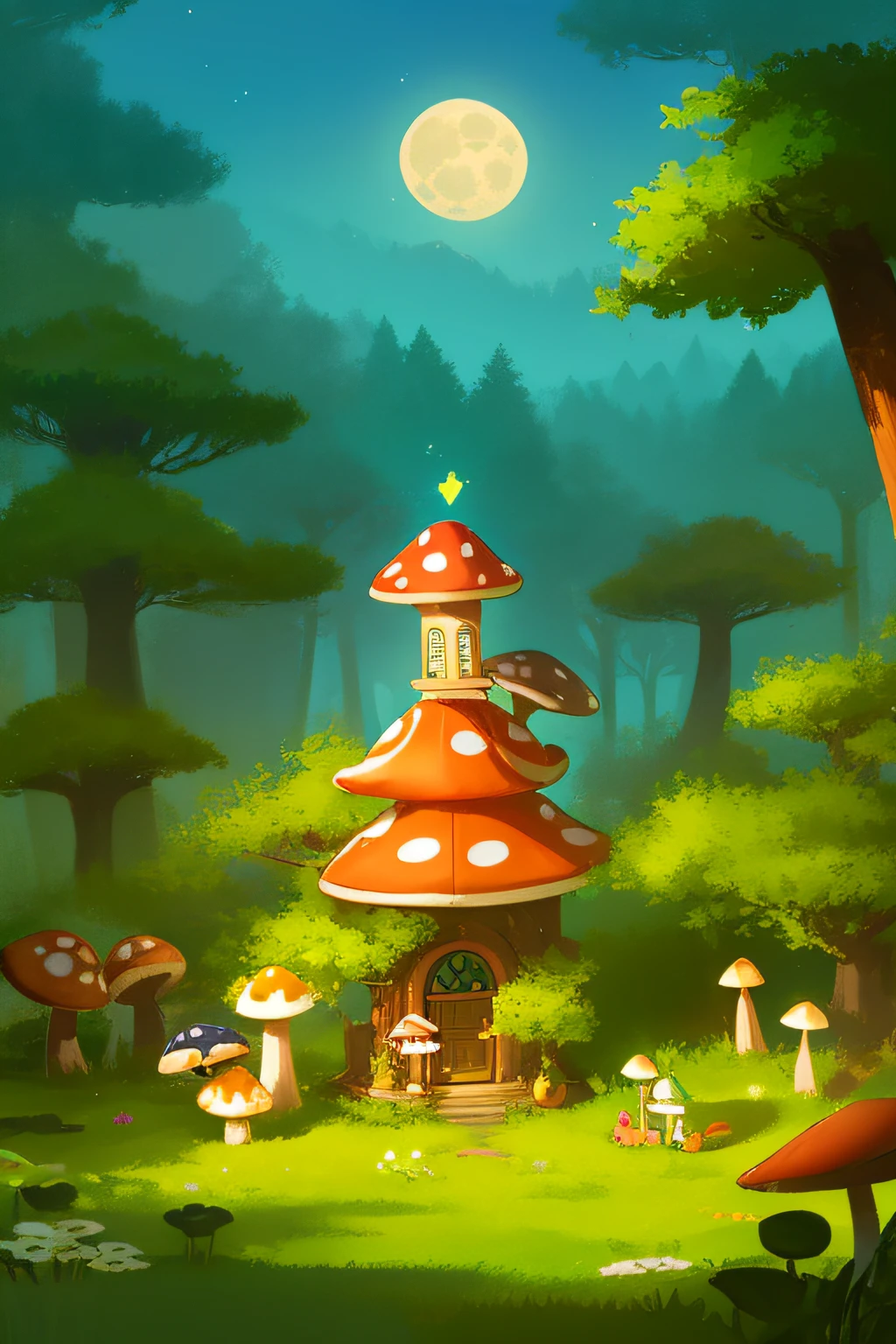A magical forest scene with a variety of mushrooms and toadstools in different colors and sizes. Some of them have windows and doors, suggesting that they are homes for fairies. There are also some flowers, grass, and leaves around them. In the background, there is a soft glow of moonlight and some fireflies. A few fairies are flying or sitting on the mushrooms and toadstools, smiling and waving.