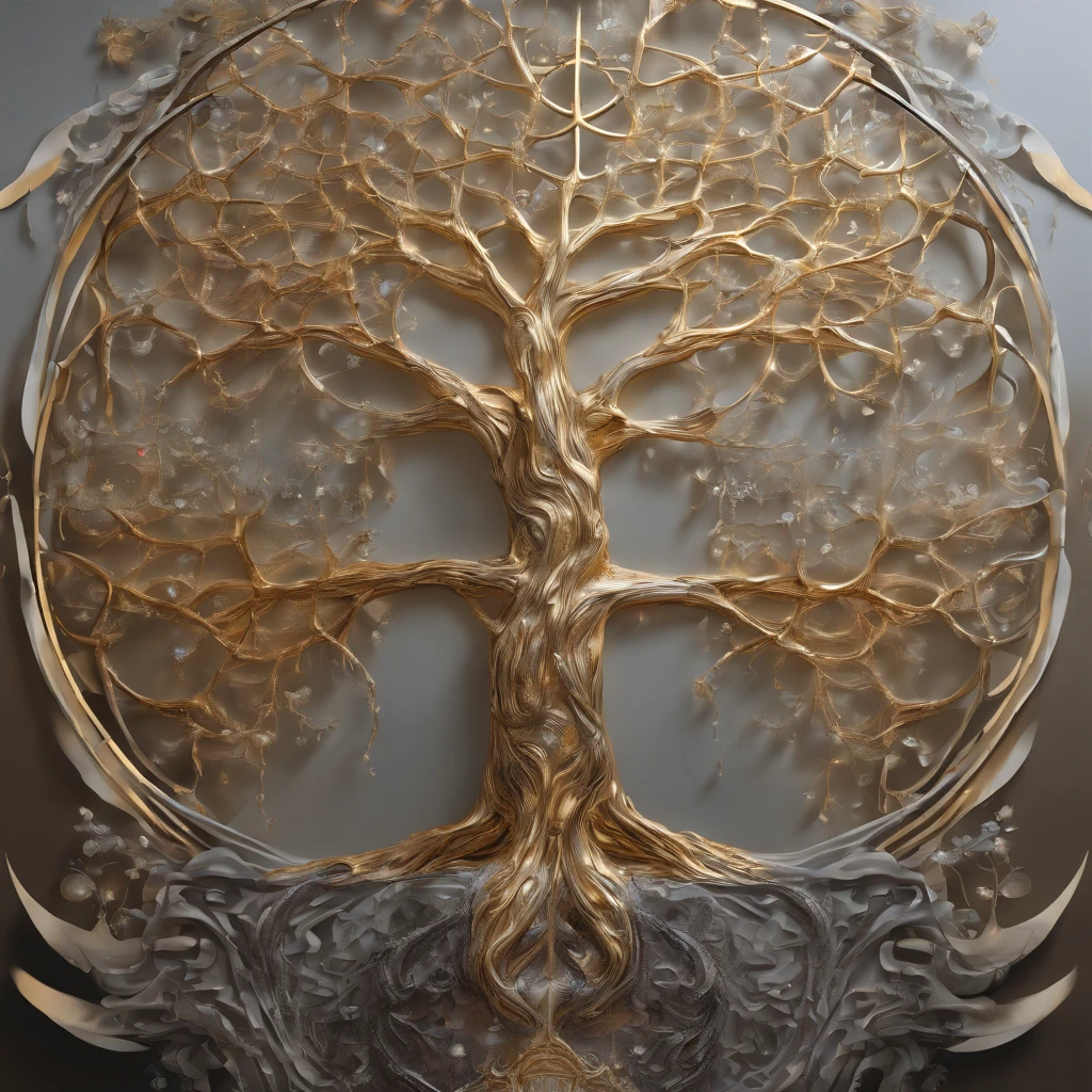 Beautiful symmetrical full body photo painted in oil with thick brushstrokes and wet paint, Fibonacci, golden ratio, melted wax, visible brushstrokes, surrounded by crystal spheres, 3D tessellation wireframe, neural graphic, neurons, tree of life, color, love, passion, oil on canvas, thick brushstrokes, insanely detailed, 8k uhd, masterpiece, artstation, surreal