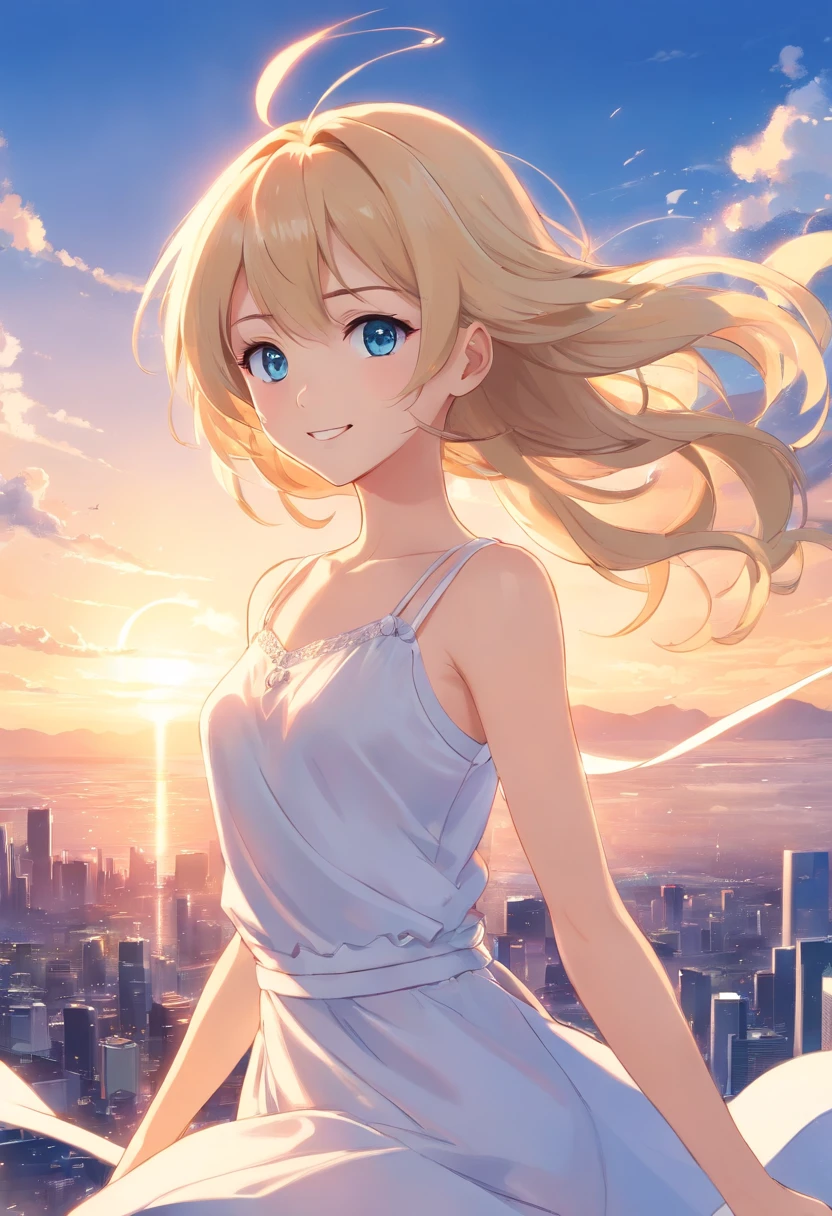 top-quality、masterpiece、8K、Blonde girl in white dress(long、Blue eyes、A smile)、Fantastical、blue-sky、Lush steppe、low angles、Floating in the air、foco nítido:1.2.
