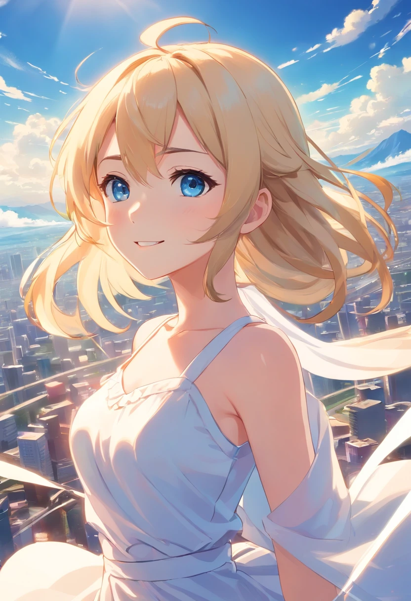 top-quality、masterpiece、8K、Blonde girl in white dress(long、Blue eyes、A smile)、Fantastical、blue-sky、Lush steppe、low angles、Floating in the air、foco nítido:1.2.