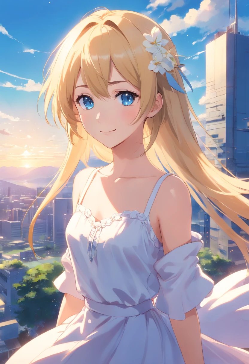 top-quality、masterpiece、8K、Blonde girl in white dress(long、Blue eyes、A smile)、Fantastical、blue-sky、Lush steppe、low angles、Floating in the air、foco nítido:1.2.