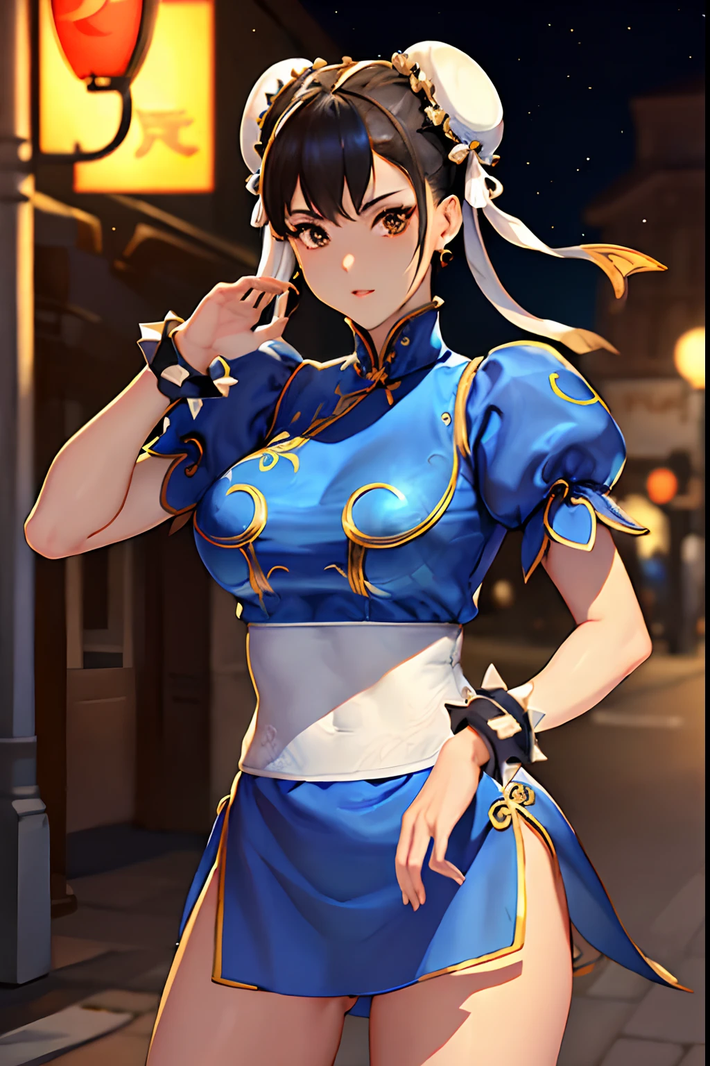 ((​masterpiece、best qualified))、1girl in、独奏、ChunLi、The upper part of the body、Beautiful night street background,Hands behind your head、