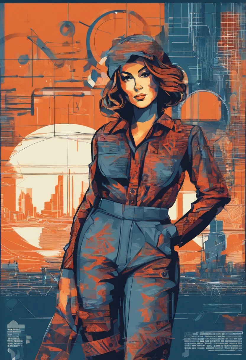 (nvinkpunk:1.2) (snthwve style:0.8), beautiful Russian factory worker, messy medium length brunette hair, blue jump suit, cleavage, dirty, propaganda poster anthro, lightwave, sunset, intricate, highly detailed