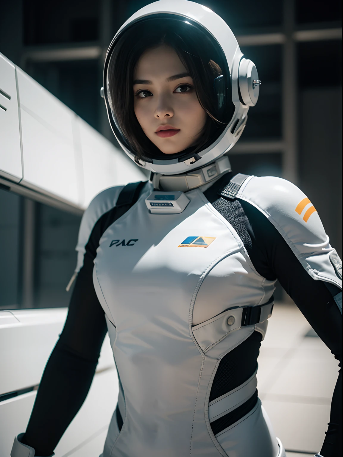 photore， best qualtiy， tmasterpiece，full bodyesbian，（_Off-white background__：1.3）， （__Advanced Sci-Fi Spacesuit-II__：1.3）， Premium sci-fi helmet，Para cobrir seu rosto， （With a face shield：1.1）， simulating， （paleskin：1.2）， （Slim body：1.4）， Detailed textures， fabrics， cinmatic lighting， Senior artist and photographer，Space pack，Holding a gun