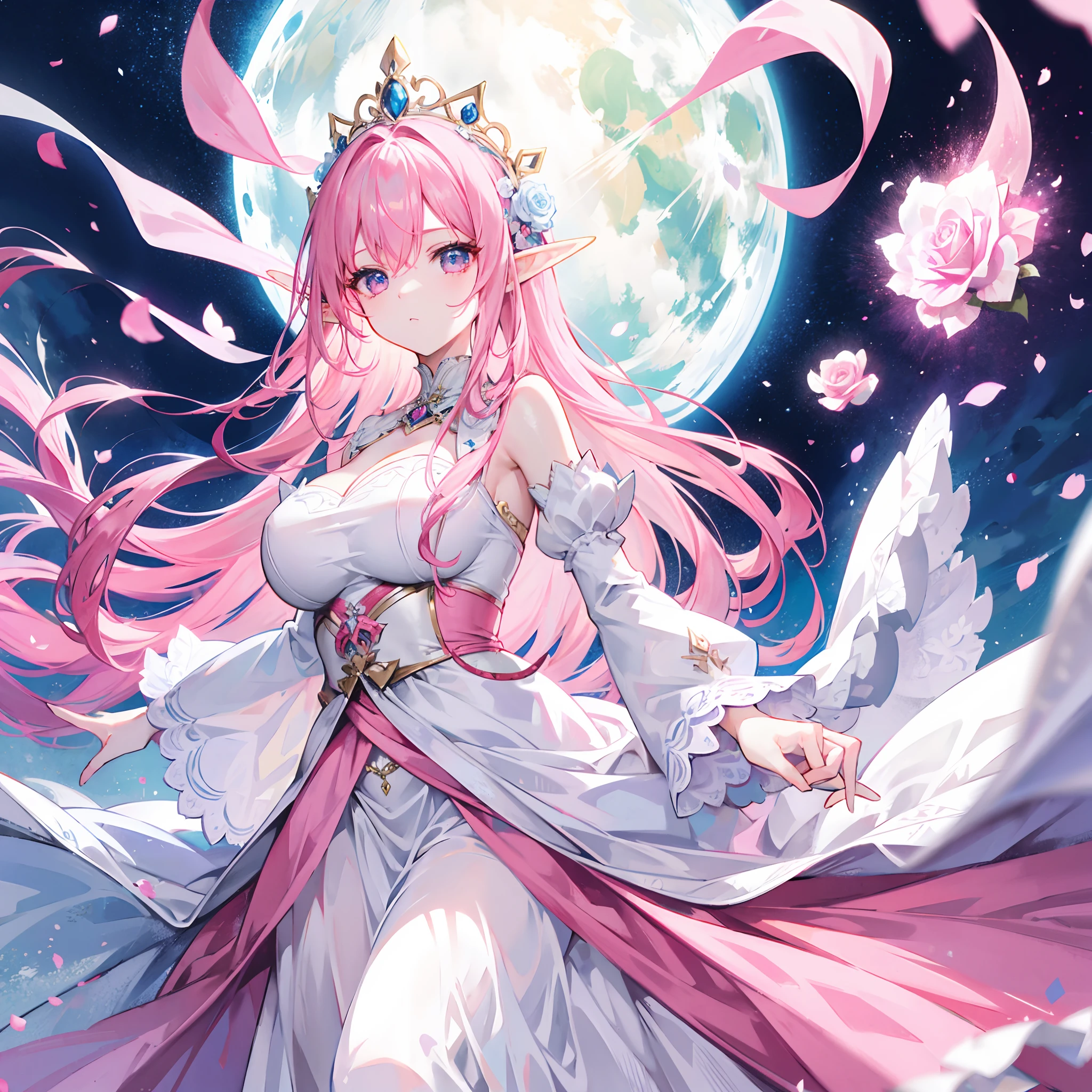 long pink hair,elf,blue-pink eyes,a white rose themed ball gown