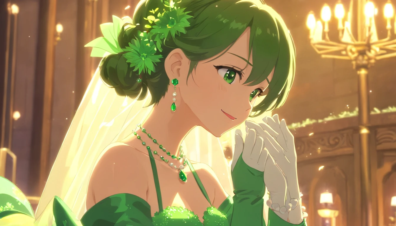 Green Dress Flower Cleanser,Sense of atmosphere, best qualtiy,tmasterpiece,1girll,30-years old,Green dress,Daytime Church,full body Esbian, Green gloves,Very short hair like a man,big breasts beautiful,looking at viewert,ssmile,Green Bridal Veil,Green Long Grove,Satin green long gloves, lipsticks, Pearl Necklace、Green gloves,emerald tiara, A Japanese Lady, Look forward, Emerald Earrings, lesbian, the kiss