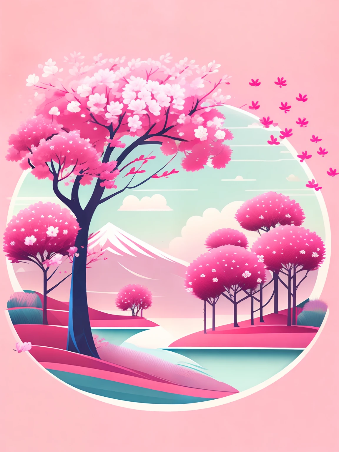 Cherry trees in spring landscape、T-shirt design、rzminjourney、Vector art