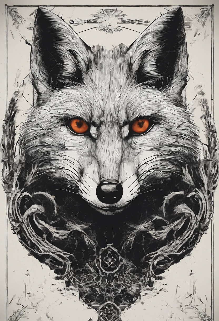There is a drawing of a fox animal, com um pelo laranja, Cabeca raposa, head of a fox, com um emblemaa de raposa, Second Fox Head, focinho de uma raposa, arte vetorial altamente detalhada, focinho de raposa, Logo raposa, raposa, Black fox icon, low polygons illustration, vetor behance hd jesper ejsing, um de raposa. Noite, crepusculo, raposa nervosa, amaçadora, irritada, brava, dentes, presas grandes, presas nos dentes, presas aparentes, olhar sombrio, menacing stare, olhos vermelhos, cores fortes. Cores na pele, cor de fundo sombriado, plano de fundo noturno.