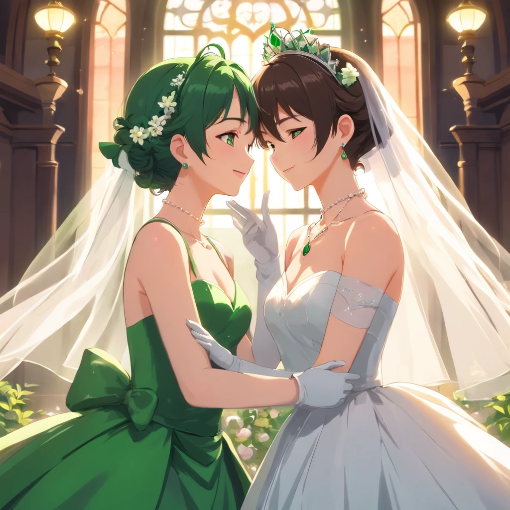 Green Dress Flower Cleanser,Sense of atmosphere, best qualtiy,tmasterpiece,1girll,30-years old,Green dress,Daytime Church,full body Esbian, Green gloves,Very short hair like a man,big breasts beautiful,looking at viewert,ssmile,Green Bridal Veil,Green Long Grove,Satin green long gloves, lipsticks, Pearl Necklace、Green gloves,emerald tiara, A Japanese Lady, Look forward, Emerald Earrings, lesbian, the kiss