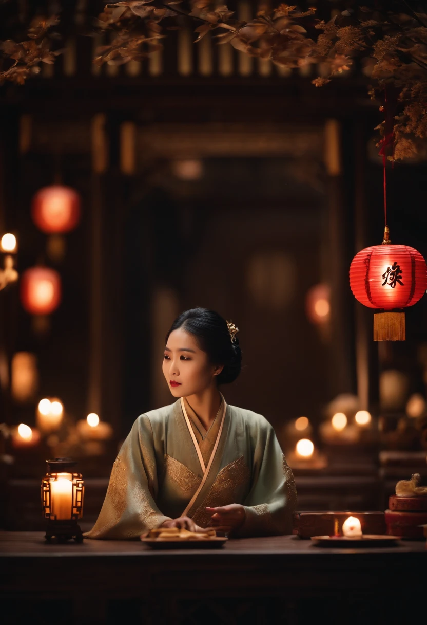 1womanl, 20yr old,((Chinese female celebrity)),Chinese costumes,Gorgeous,the night,Ancient Chinese architecture,Chinese elements,Wooden dining table,((Mid-Autumn Mooncakes)),candlestick,Candle,lantern,((themoon)),
