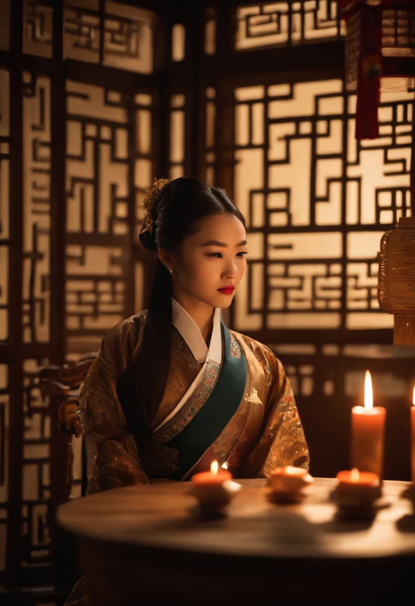 1womanl, 20yr old,((Chinese female celebrity)),Chinese costumes,Gorgeous,the night,Ancient Chinese architecture,Chinese elements,Wooden dining table,((Mid-Autumn Mooncakes)),candlestick,Candle,lantern,((themoon)),