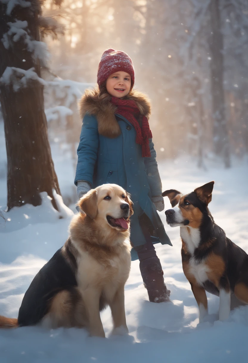 CHILDREN PLAYING IN THE SNOW, WINTER, SNOWING, NATURE, DOG, 8K, resolution concept art portrait by Greg Rutkowski, Artgerm, WLOP, Alphonse Mucha dynamic lighting hyperdetailed intricately detailed Splash art trending on Artstation triadic colors Unreal Engine 5 volumetric lighting"