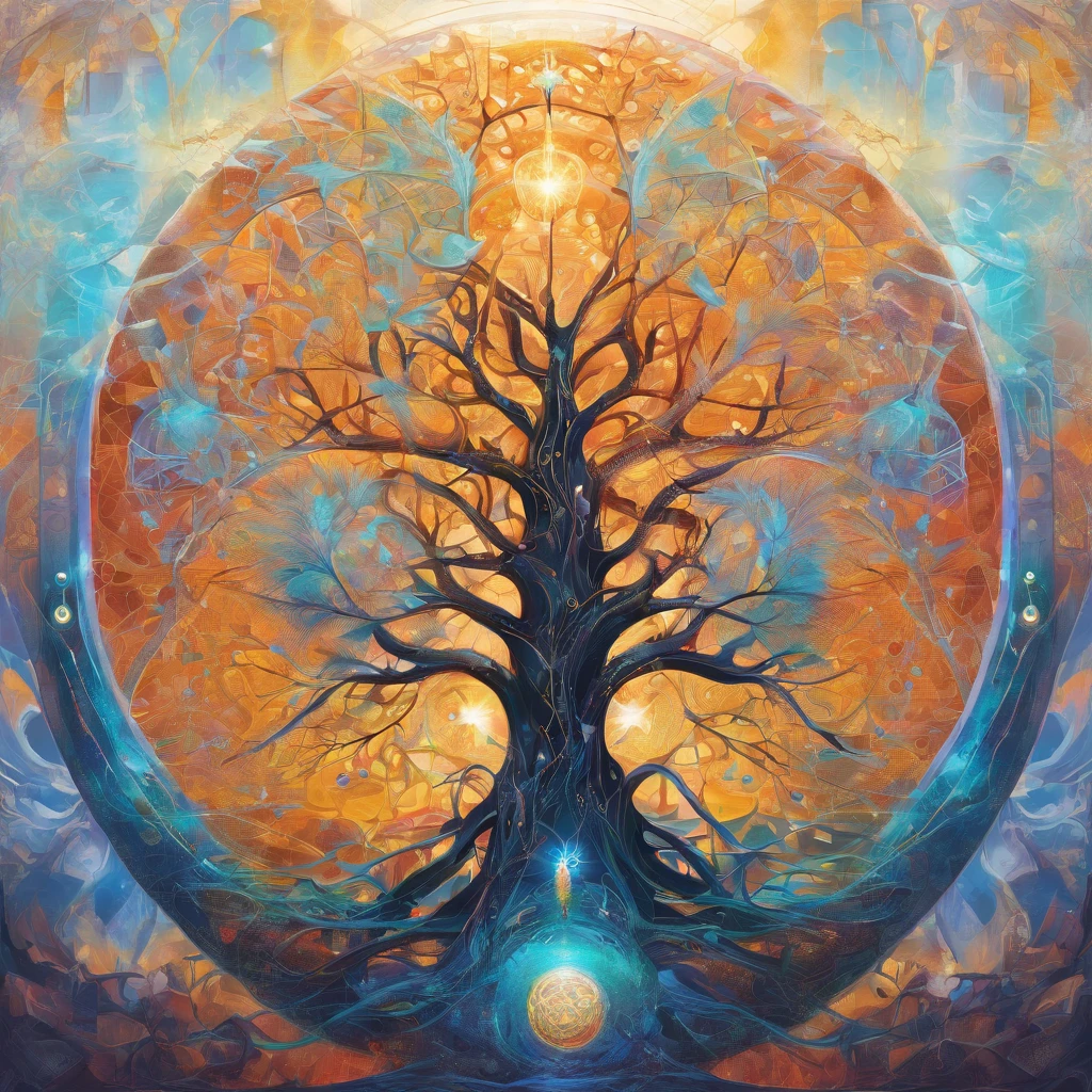 Beautiful symmetrical full body photo painted in oil with thick brushstrokes and wet paint, Fibonacci, golden ratio, melted wax, visible brushstrokes, surrounded by crystal spheres, 3D tessellation wireframe, neural graphic, neurons, tree of life, color, love, passion, oil on canvas, thick brushstrokes, insanely detailed, 8k uhd, masterpiece, artstation, surreal
