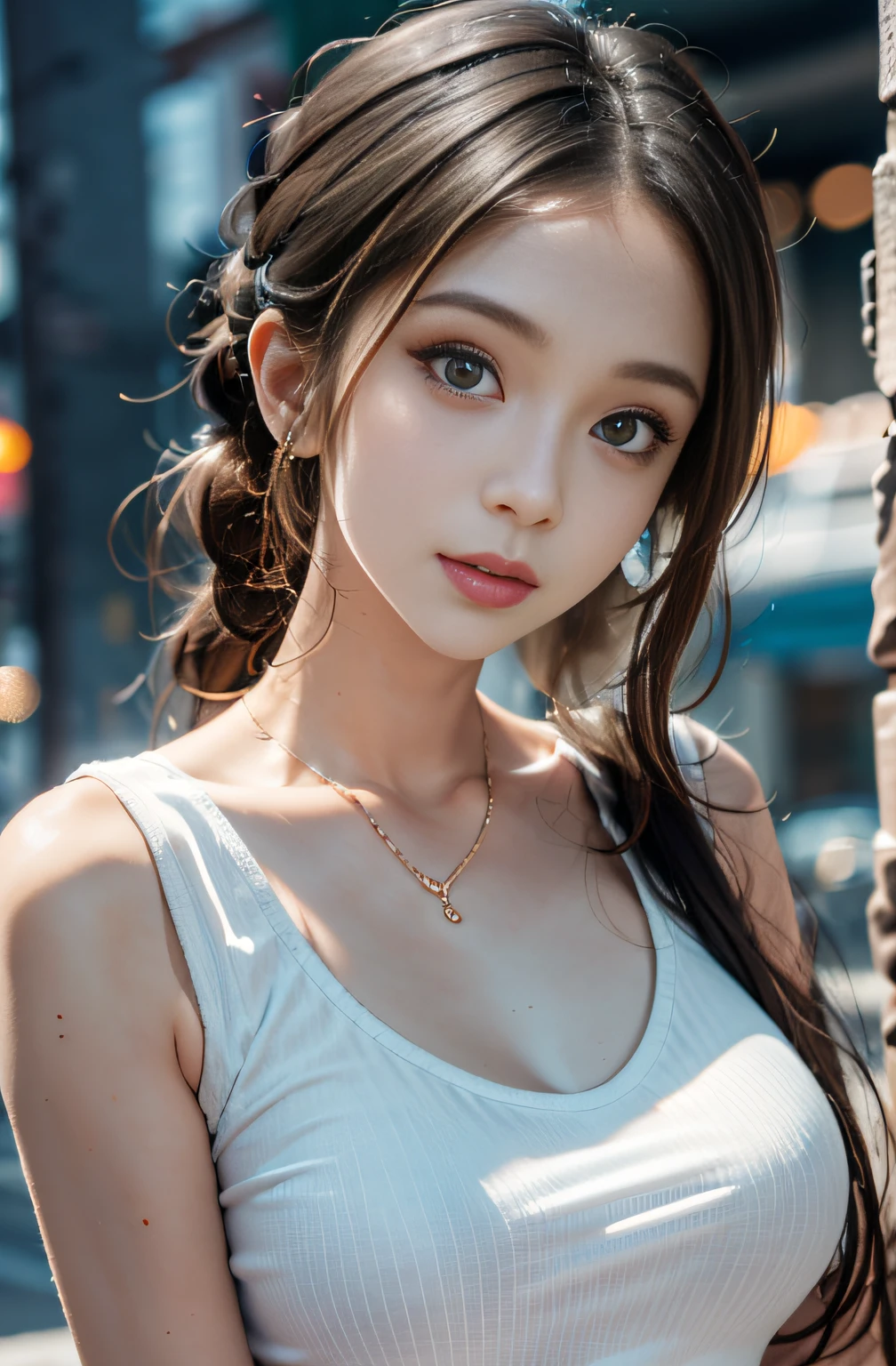 最high quality, masterpiece, High resolution, One woman, 30 years old, Porcelain Dress, hair accessory, necklace, jewelry, Pretty face, On the body, Tyndall effect, Realistic, Shadow Studio, Rim Light, Dual Tone Lighting, (High Definition Skins: 1.2), 8K Ultra HD, Digital SLR, Soft Light, high quality, Volumetric Light, Secretly photographed, photograph, High resolution, 4K, 8k, Background Blur, Dark Antarctic Night､A stunning 30-year-old beauty、(Dark and gloomy light), masterpiece, 最high quality, high quality, High resolution, Braided hair、(Upper body portrait)､
