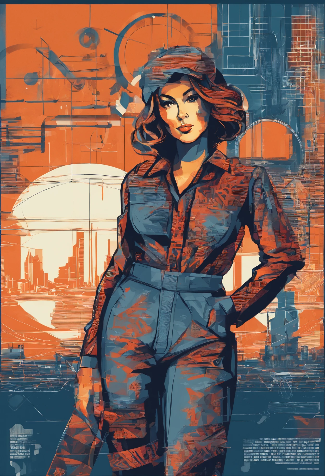 (nvinkpunk:1.2) (snthwve style:0.8), beautiful Russian factory worker, messy medium length brunette hair, blue jump suit, cleavage, dirty, propaganda poster anthro, lightwave, sunset, intricate, highly detailed