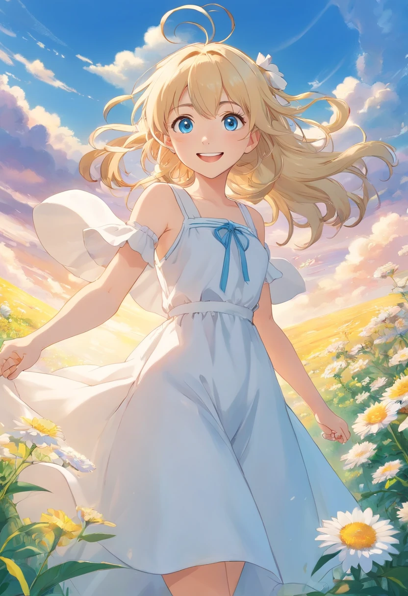 A girl in a blue dress is walking through a field of daisies - SeaArt AI