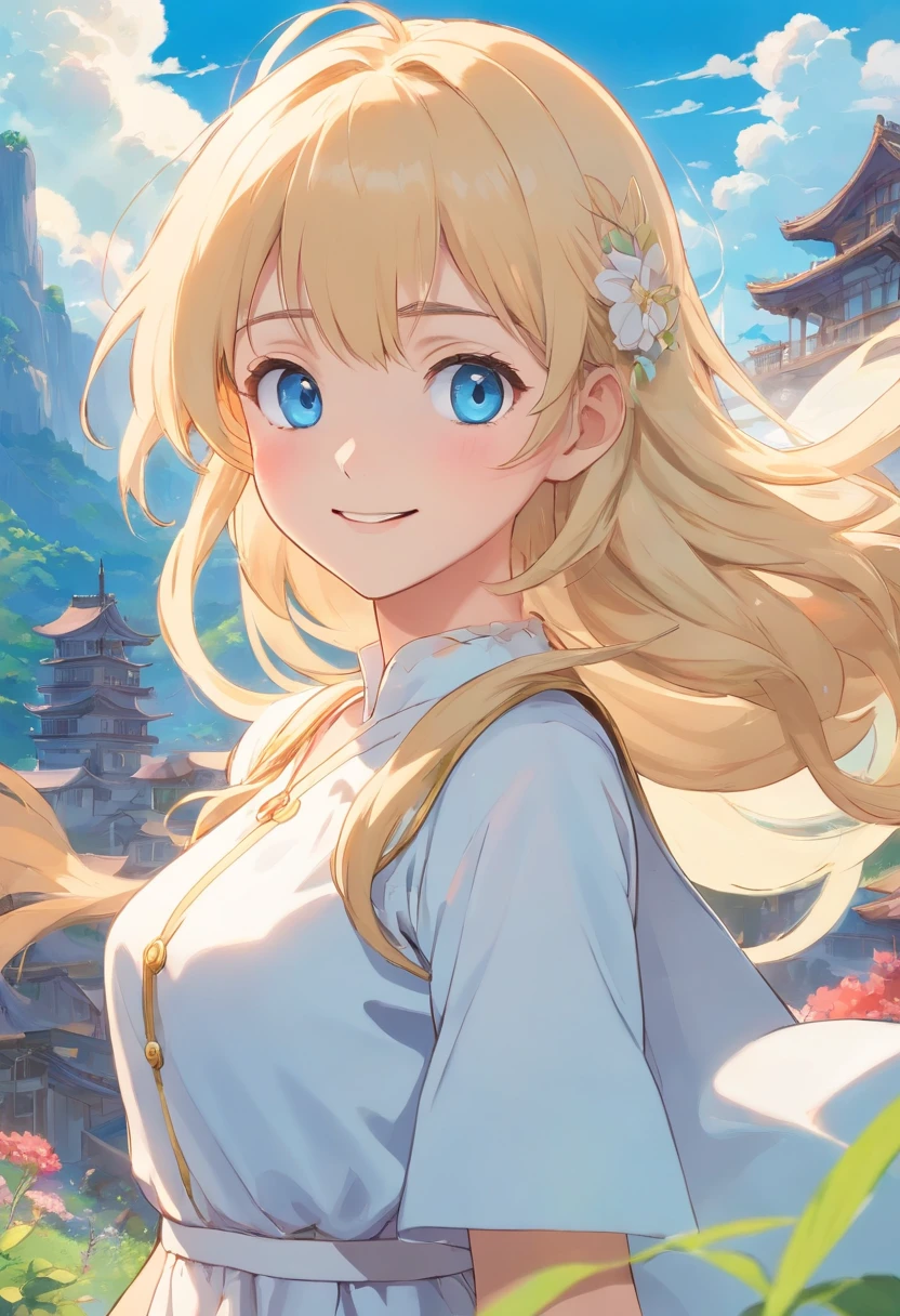 top-quality、masterpiece、8K、Blonde girl in white dress(long、Blue eyes、A smile)、Fantastical、blue-sky、Lush steppe、low angles、Floating in the air、foco nítido:1.2.