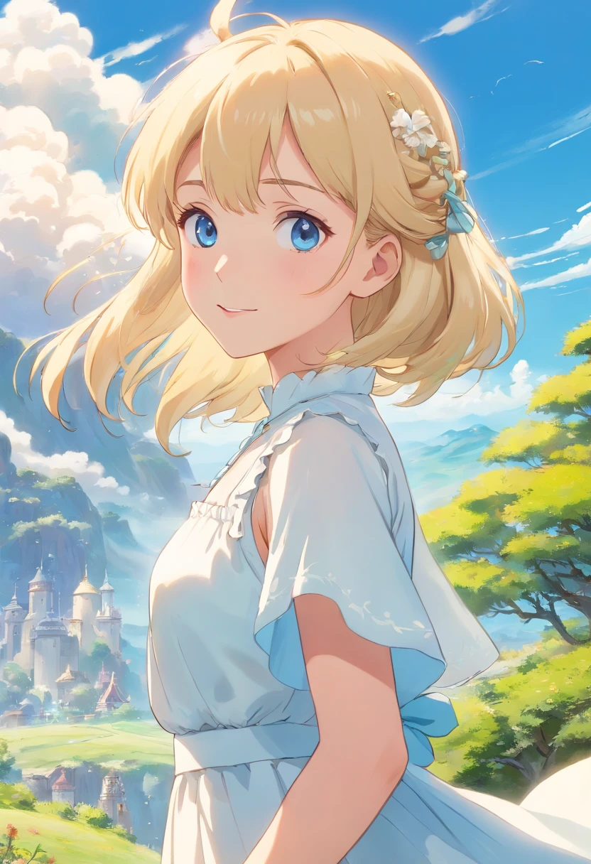 top-quality、masterpiece、8K、Blonde girl in white dress(long、Blue eyes、A smile)、Fantastical、blue-sky、Lush steppe、low angles、Floating in the air、foco nítido:1.2.