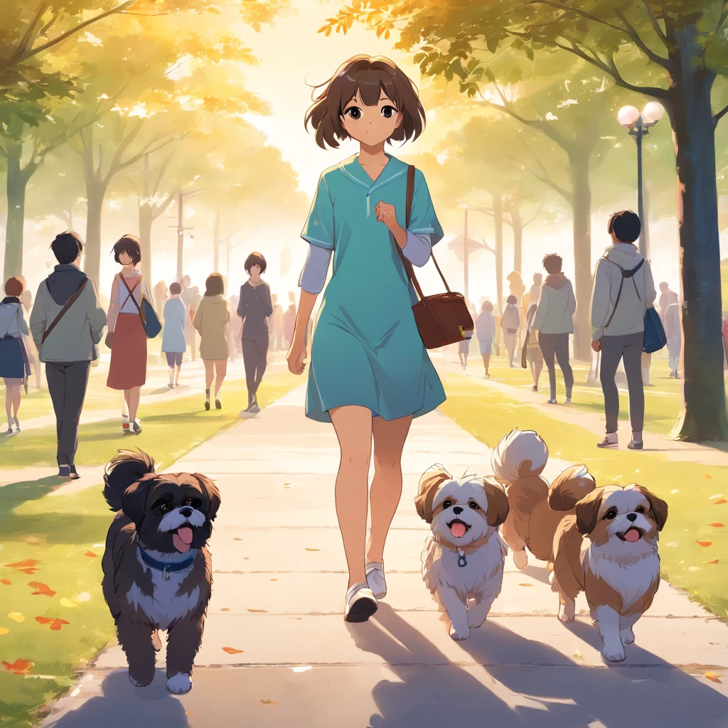 Shih Tzu in the park with people and other dogs