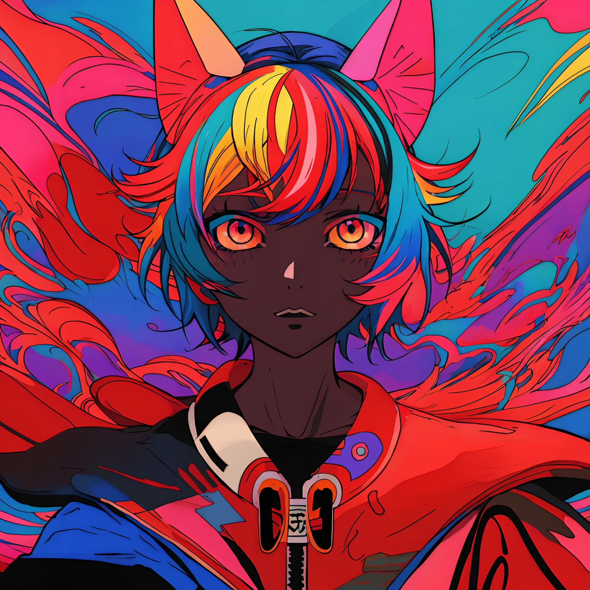 Anime girl with colorful hair and strange eyes on colorful background, anime style 4 k, anime art wallpaper 4k, anime art wallpaper 4k, Anime art wallpaper 8k, anime wallpaper 4k, anime wallpaper 4 k, badass anime 8 K, 4 k manga wallpaper, 4k anime wallpaper, Anime style. 8K, anime catgirl