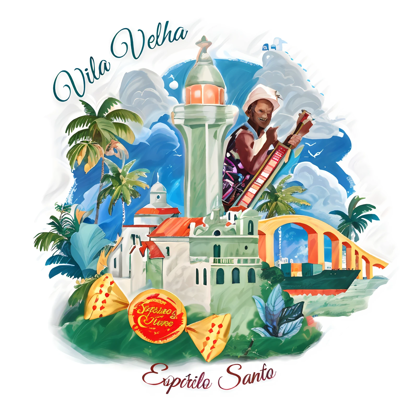 RECREATE THE IMAGE IN WATERCOLORAarafed image of a mosque with a clock tower and a guitar, arte oficial, capa do cd, album cape, album cape, Album art, arte promocional, inspirado em Viktor Oliva, Artwork, cover illustration, album cape, full view, album, arte da capa, new album cover, inspirado em Willie Ito, cartaz de turismo vibrante, Latim