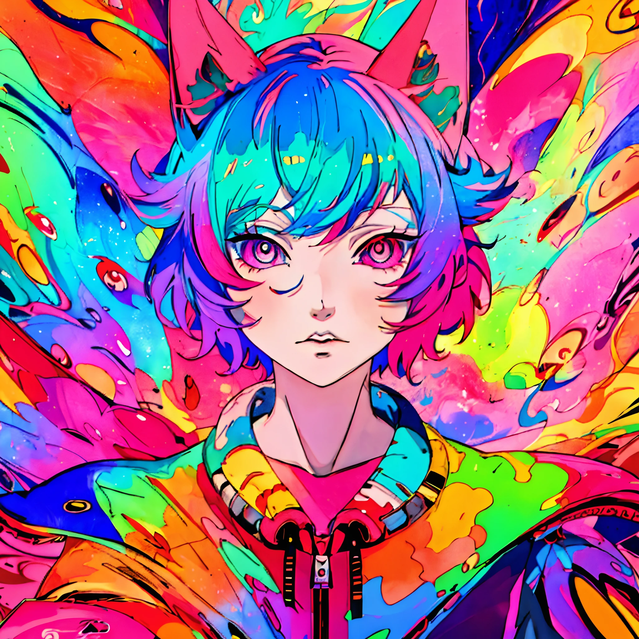 Anime girl with colorful hair and strange eyes on colorful background, anime style 4 k, anime art wallpaper 4k, anime art wallpaper 4k, Anime art wallpaper 8k, anime wallpaper 4k, anime wallpaper 4 k, badass anime 8 K, 4 k manga wallpaper, 4k anime wallpaper, Anime style. 8K, anime catgirl