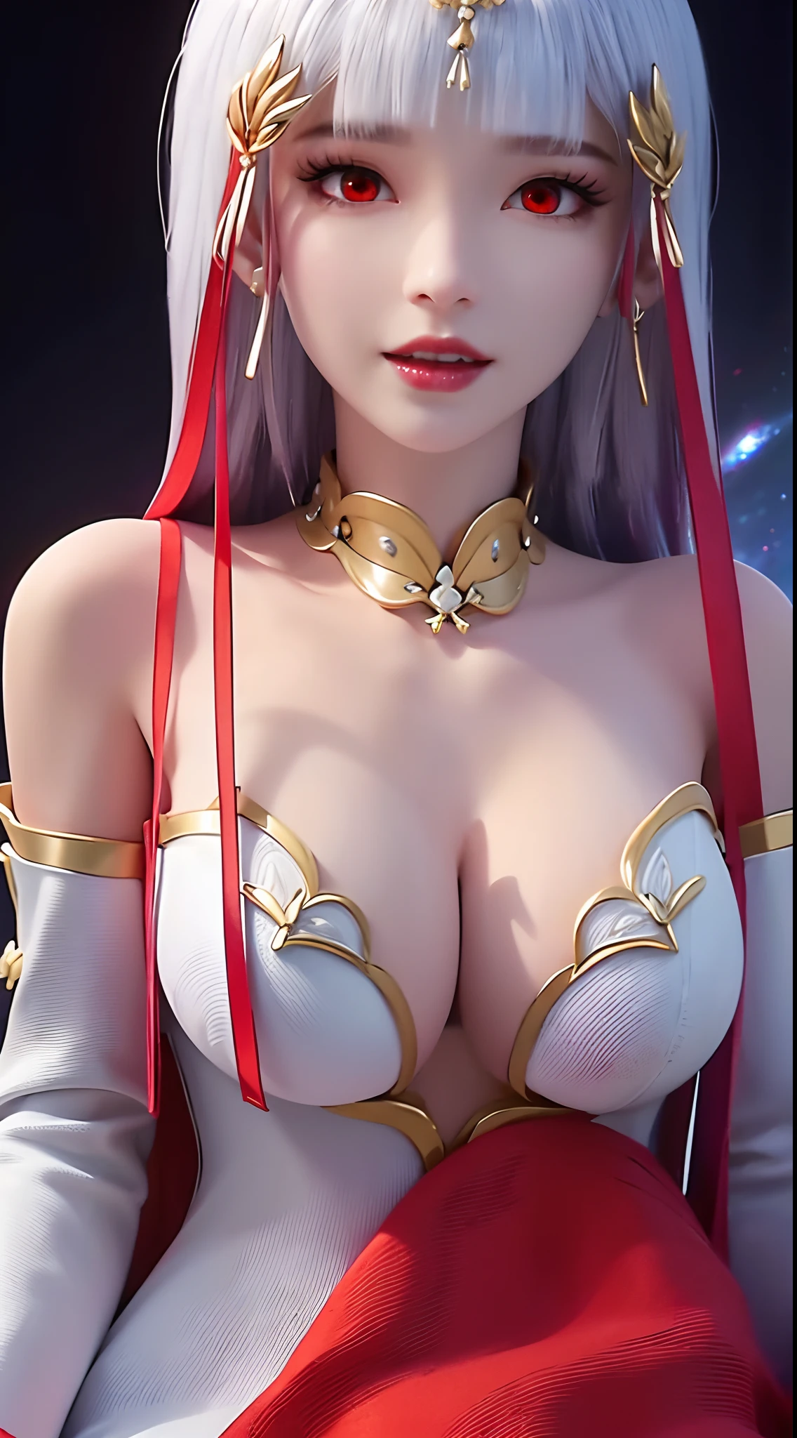 "A beautiful 20 year old young woman, (((sexy slim dress:1.6))), the body is balanced and plump, white dress with red trim, platinum hair color, platinum bangs, the most beautiful and detailed hair jewelry, extremely round shape and face beautiful, thin eyebrows, most beautiful and perfect face, ((black eye pupils:0.8)), very beautiful eyes, ((red eyes:1.4)), eyelashes makeup and beautiful details, high nose, earrings, thin lips, red lips, ((closed mouth: 1.5)), beautiful lips, (((arms behind your back:1))), smooth white skin, most beautiful thighs, ((arms spread out to the sides: 1.5)), strong arms and legs, rosy face, clean face, flawless beautiful face, smooth white skin, cleavage, ((big breasts:1.6)), ((very round breasts:1.3)), ((tight chest:1.2)), ((breast augmentation:1.5)), beautiful breasts, ((lower biceps: 1.5)), sitting across from the audience, hands on the floor, 8k photo quality, super high quality, super realistic, 10x super pixel, realistic photo, studio dark, rim light, two-tone light, (high detail skin: 1.2), ultra 8k, soft light, high quality, volumetric light, realistic, Photo, high resolution, light bright, best photo, 4k quality, Smooth and sharp, 10x pixels, (galaxy:1.7), aurora, lightning, surreal graphics, most realistic graphics, 1 girl, alone, solo, Super sharp, surreal images, closer to the girl, ((frontal portrait:1.5)),"