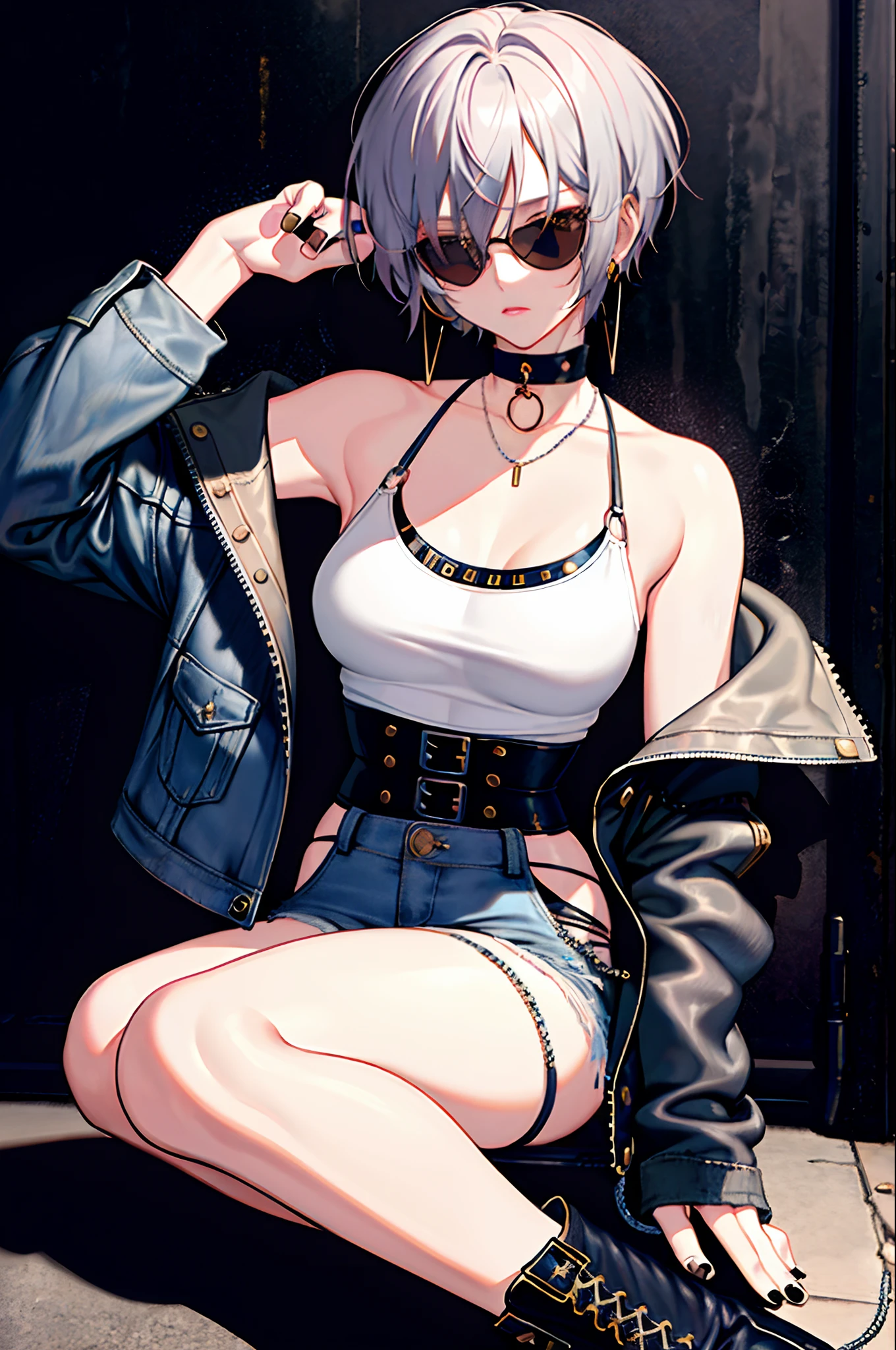 (masterpiece:1.2, best quality), 1lady, solo, upper body, Hair: buzz cut, Clothing: oversized, distressed denim jacket with patches and pins, paired with black skinny jeans and combat boots, Accessories: silver hoop earrings and a black choker necklace, Hanging out in an underground music venue or street art exhibit