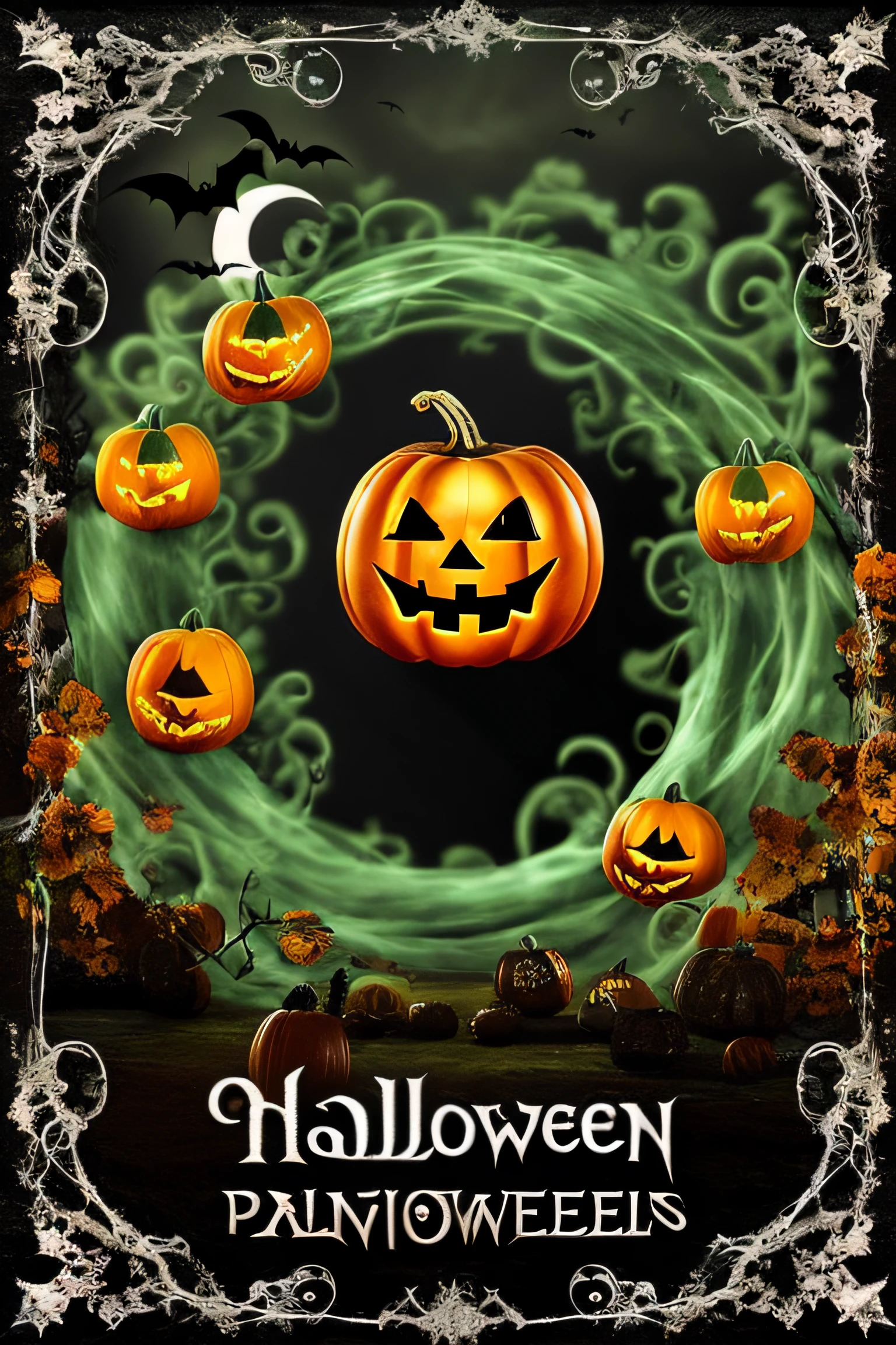 A poster with a pumpkin and a moon in the middle, Tema de Halloween, Halloween Celebration, Tema espeluznante de Halloween, Estilo de arte de Halloween, halloween, Noche de Halloween, Ambiente de Halloween, Espeluznante noche de Halloween, Al estilo de Halloween, Hecho con Illustrator, Spooky Halloween Fun, Terrifying magic background, Fondo de pantalla de Halloween con fantasmas, Escena de Halloween, Editado, 1 9th, hueco, Ambiente espeluznante y aterrador