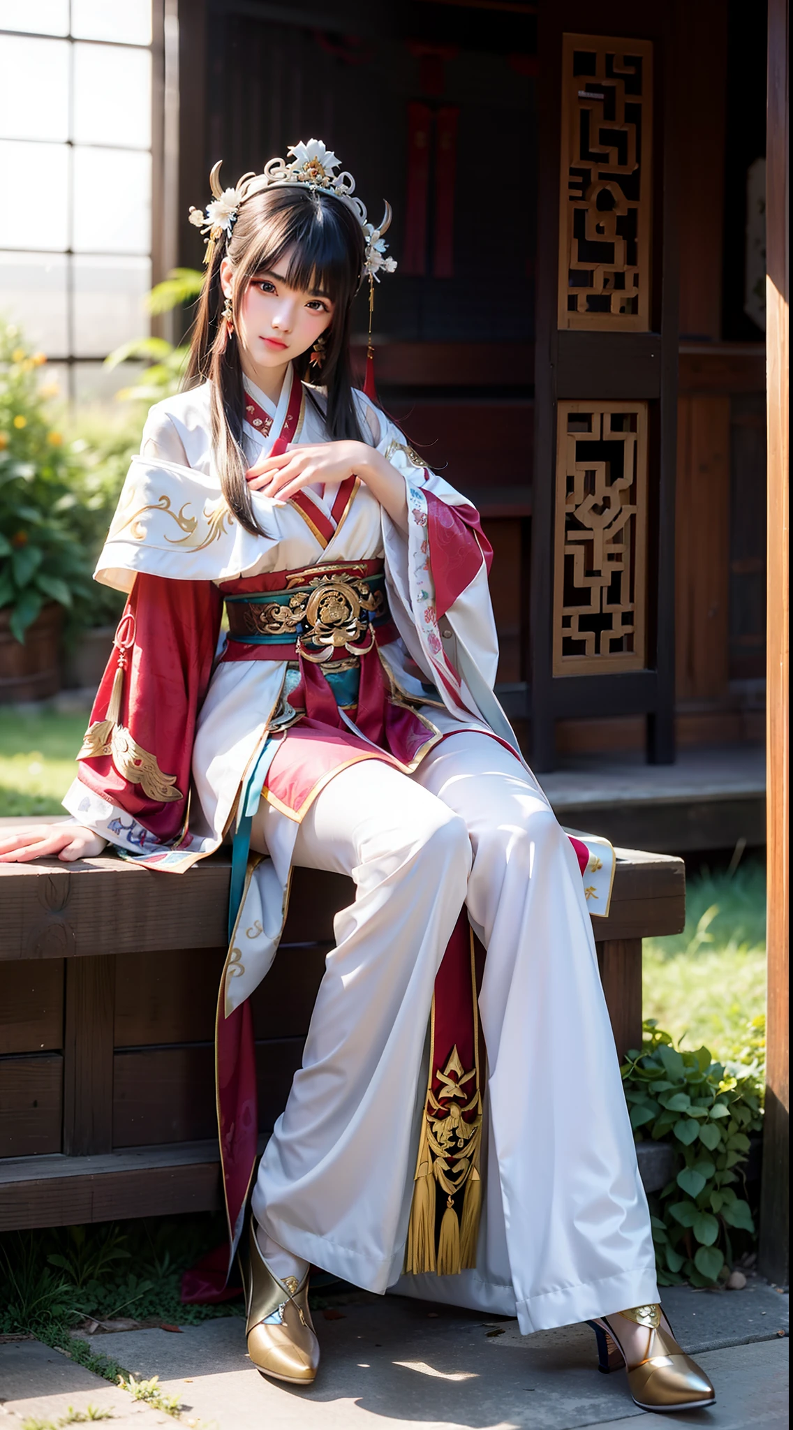There was a woman sitting on a wooden platform holding flowers, full-body xianxia, trending on cgstation, trending at cgstation, gorgeous chinese models, Chinese girl, Chinese fantasy, Anime girl cosplay, Japanese goddess, elegant glamourous cosplay, inspired by Leng Mei, Ruan Jia and Artgerm, beautiful and seductive anime woman, Guviz