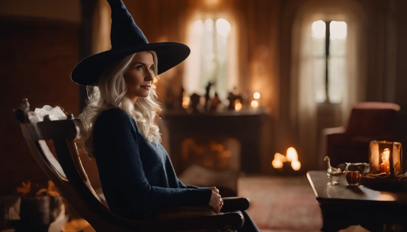 Beautiful and classic 30 year old woman, flawless skin, perfect fit body, blue jeans with holes, light sweater, silver hair, wearing witches hat, Victorian home interior, sitting in rocking chair in Parlor, fireplace behind her, sunny day, Sunbeam, light dust in air, ultra realistic, 4k, Autumn, simple and minimalist midcentury Halloween decor