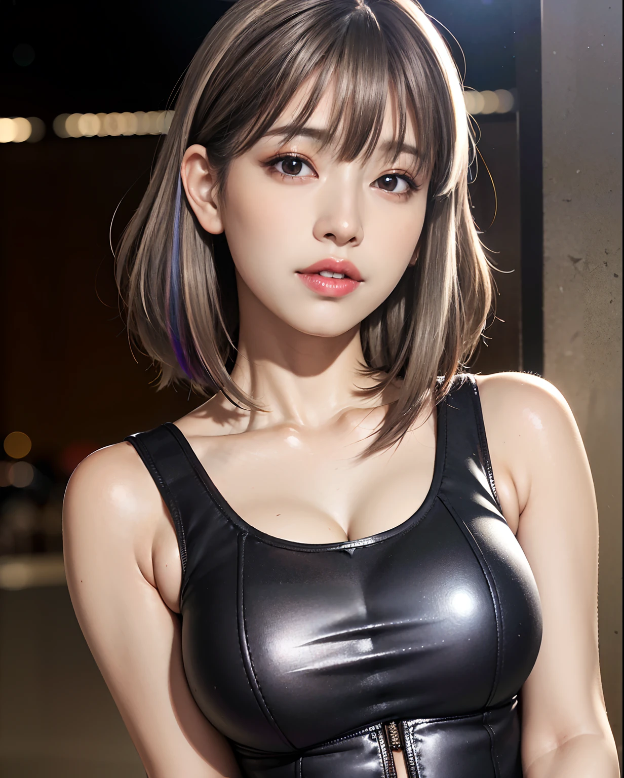 Face Focus, Portraiture, Glowing black eyes, Feminine style, One Girl, asymmetrical bangs, bangs, Black Hair, goodid, good, looking at the camera, smile, night, city, Bob Hair, abdomen, Red lips, shirt, alone, Are standing, goodid, Upper Body, underwear, pink underwear, Perfect body line, beautiful kubire, beautiful, Mischievous face