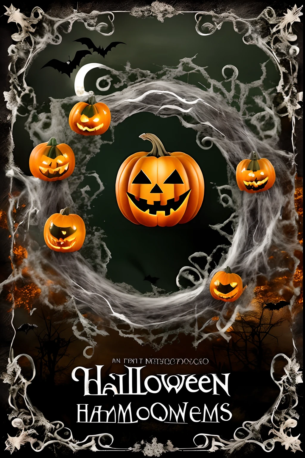 A poster with a pumpkin and a moon in the middle, Tema de Halloween, Halloween Celebration, Tema espeluznante de Halloween, Estilo de arte de Halloween, halloween, Noche de Halloween, Ambiente de Halloween, Espeluznante noche de Halloween, Al estilo de Halloween, Hecho con Illustrator, Spooky Halloween Fun, Terrifying magic background, Fondo de pantalla de Halloween con fantasmas, Escena de Halloween, Editado, 1 9th, hueco, Ambiente espeluznante y aterrador