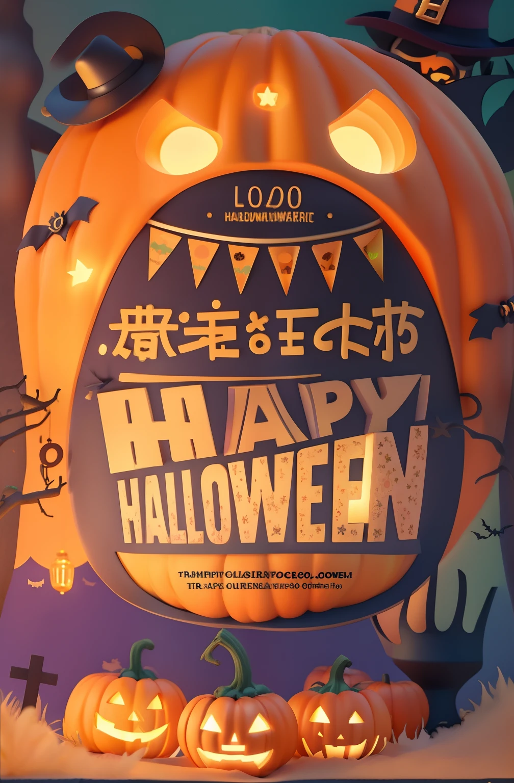 Triangular eyes，with light glowing，pumpkins，halloween