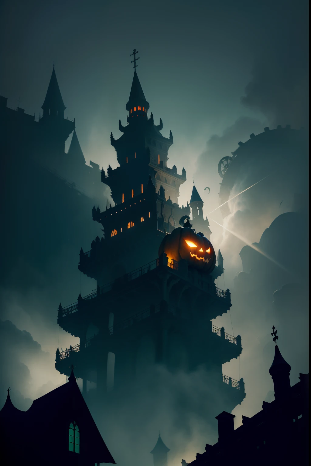Halloween. Medieval times. Mysticism. That's incredible. An infinitely huge Halloween gear close-up flies in the air high above the ground at an angle. Bottom-up view. The gears rotate. sparks. Lots of shadows of huge ghosts. Cinematic. super realistic. Blurred dark gloomy blue-green background. Clouds. Light haze.