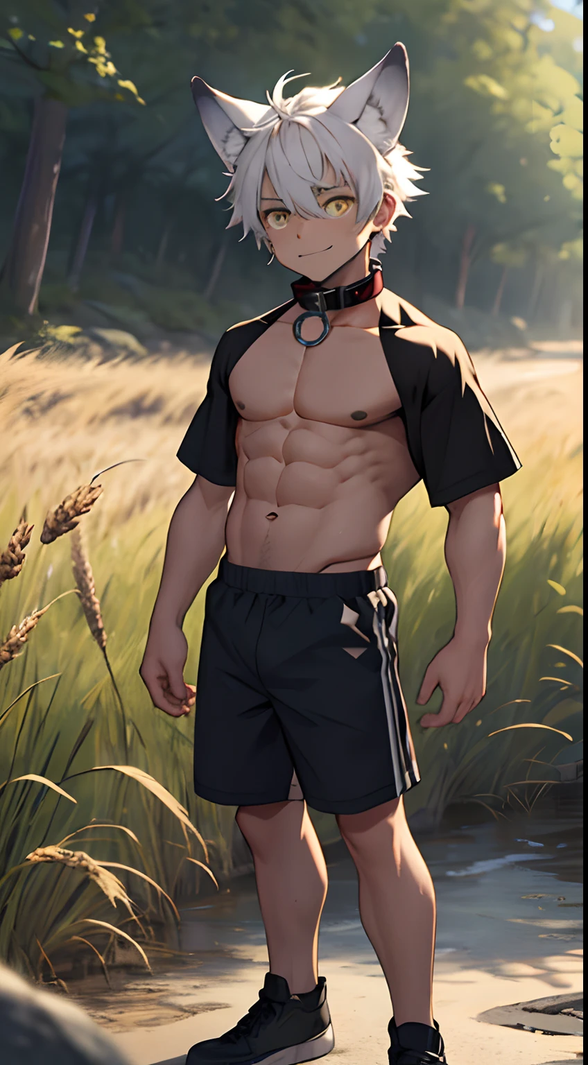 (Masterpiece, Best quality), 1 juvenile， boy，Keep your eyes wide open，largeeyes，a baby age faces，ld's face，nakenessle，Wheat-colored skin，with short white hair，Large, sharp wolf ears，Flat chin，Clear briefs，bare pectorals，short detailed hair，The color is very light,Golden eyes, 复杂， nakeness，Clear briefs,Pectoralis abdominal muscles，vivd colour,(depth of fields:1.2),(Abs),looking at viewert，Close up