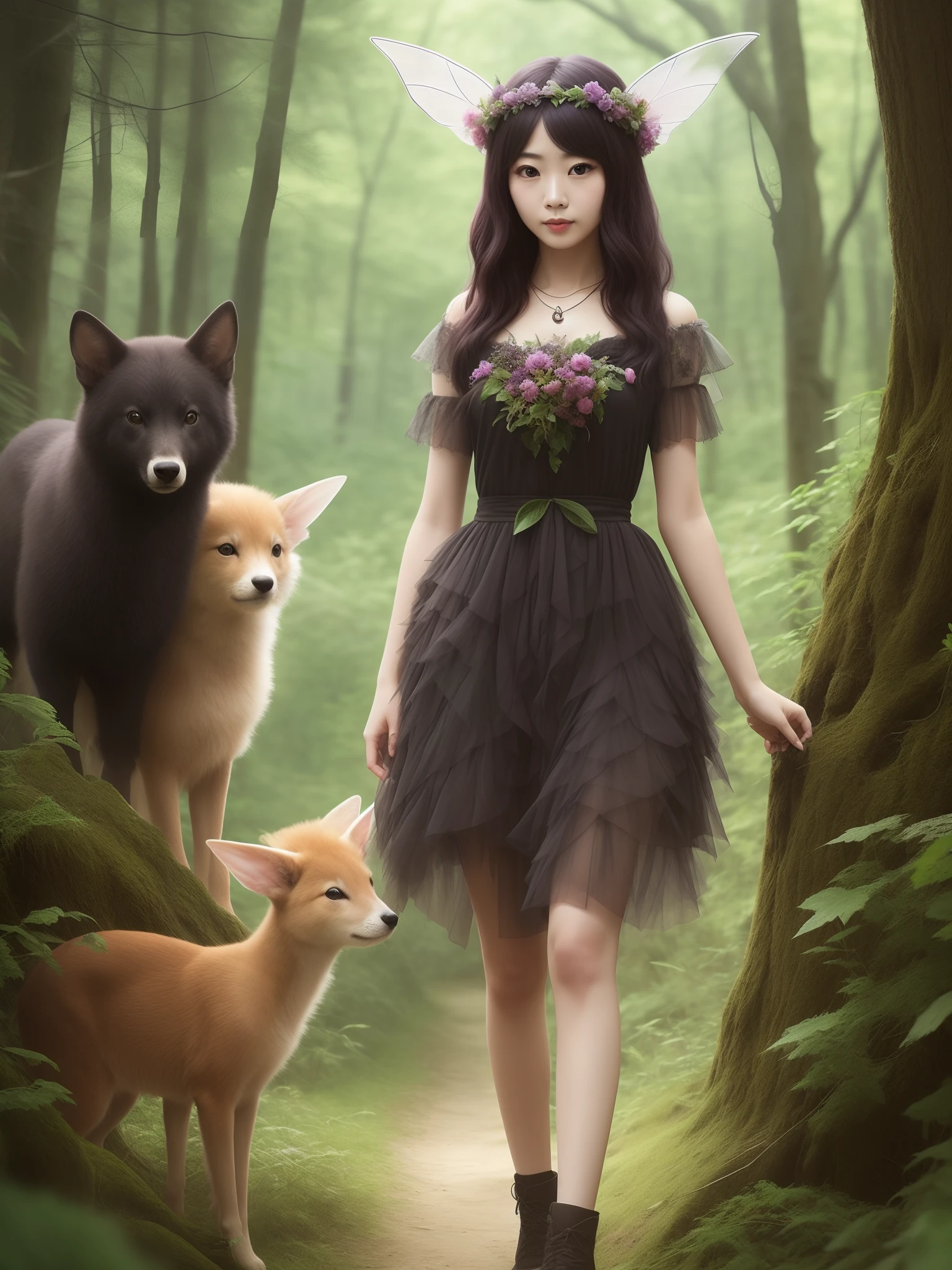 forest fae、4k、beatuful nature、large transparent feathers、appearance々Together with animals、