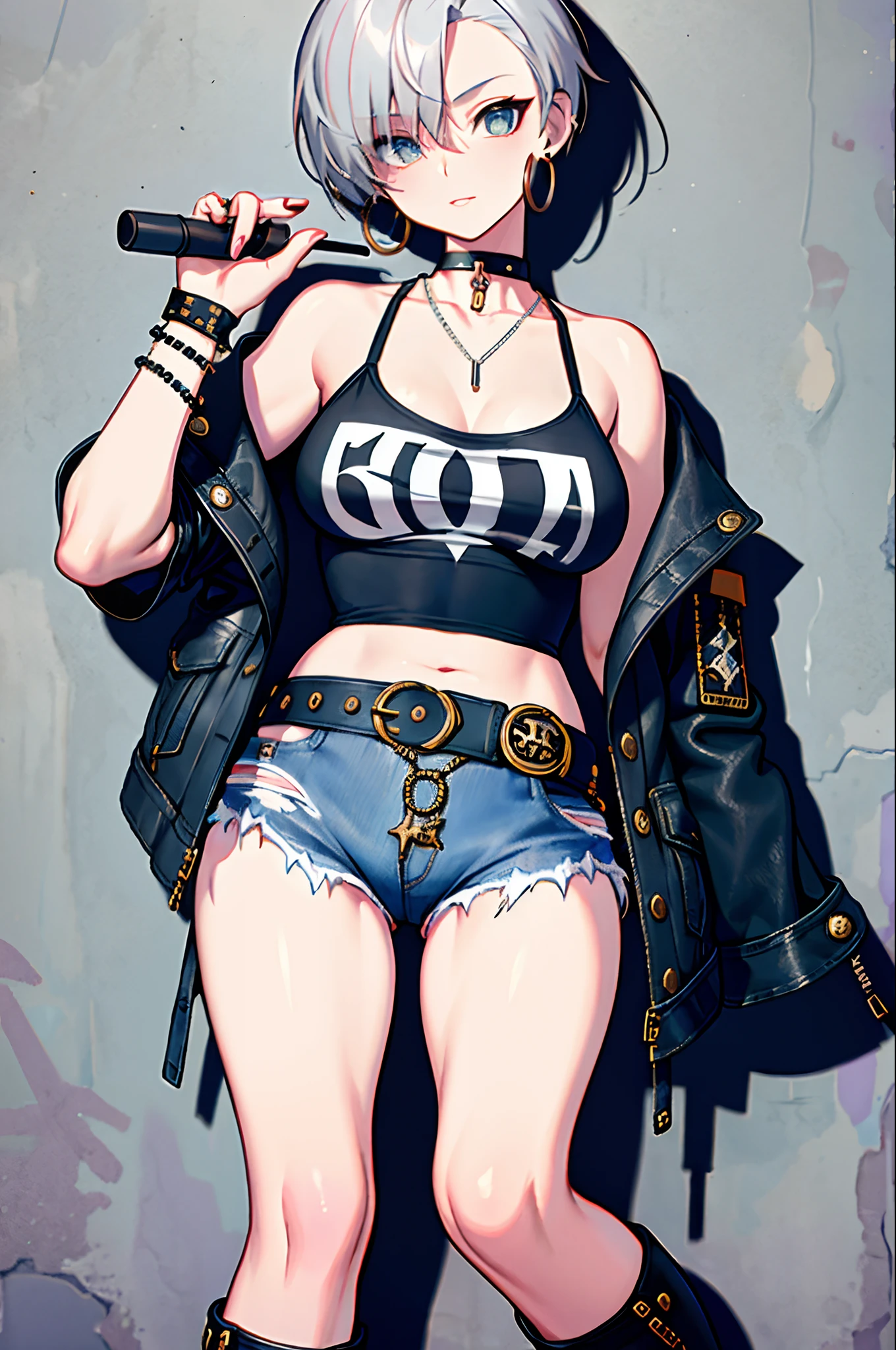 (masterpiece:1.2, best quality), 1lady, solo, upper body, Hair: buzz cut, Clothing: oversized, distressed denim jacket with patches and pins, paired with black skinny jeans and combat boots, Accessories: silver hoop earrings and a black choker necklace, Hanging out in an underground music venue or street art exhibit