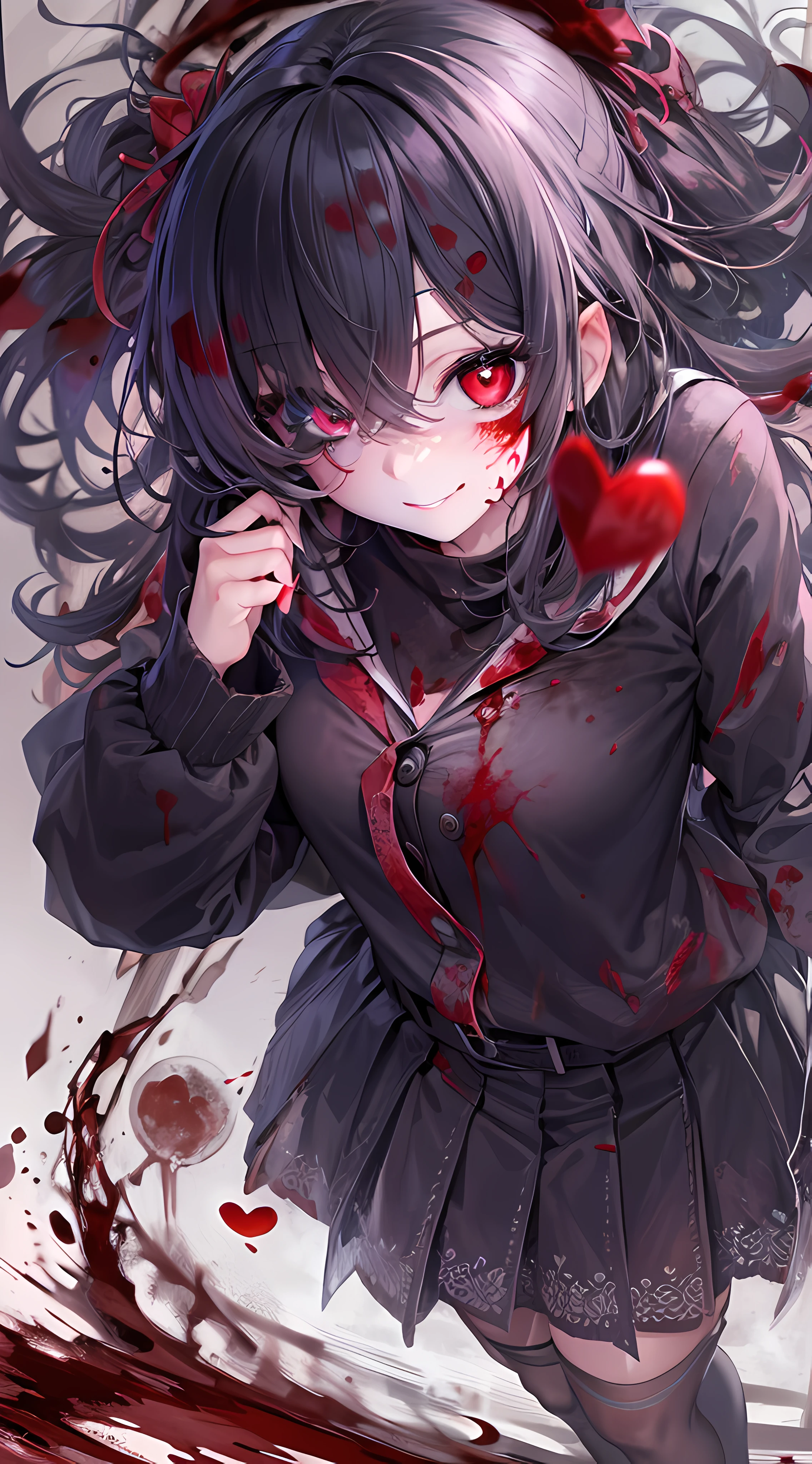 (masterpiece), best quality, high resolution, extremely detailed, detailed background, dark, 1girl, medium black hair, red eyes, looking at viewer, yandere, yandere face, shaded face, crazy eyes, red heart eyes, crazy smile, blood, blood on face, blood on clothes, hands on own cheeks, heart-shaped pupils