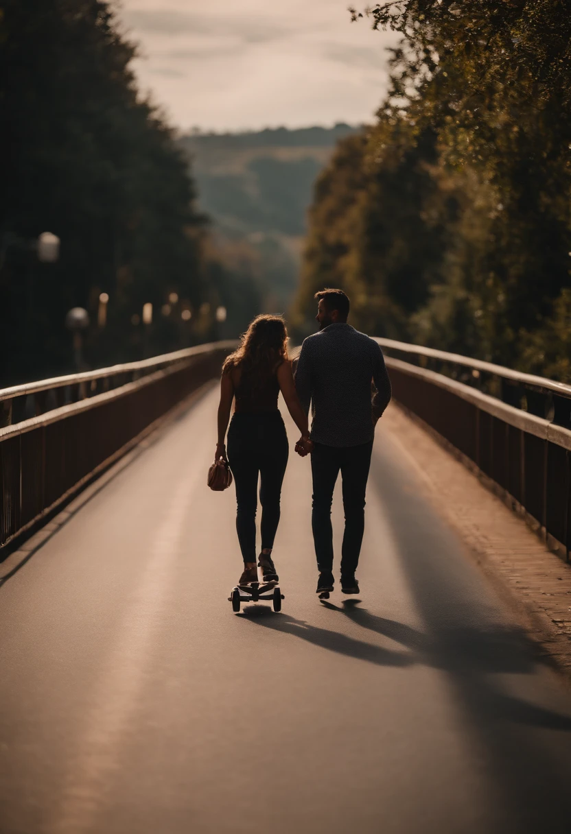 um casal em uma ponte andando de patinete eletrico]
