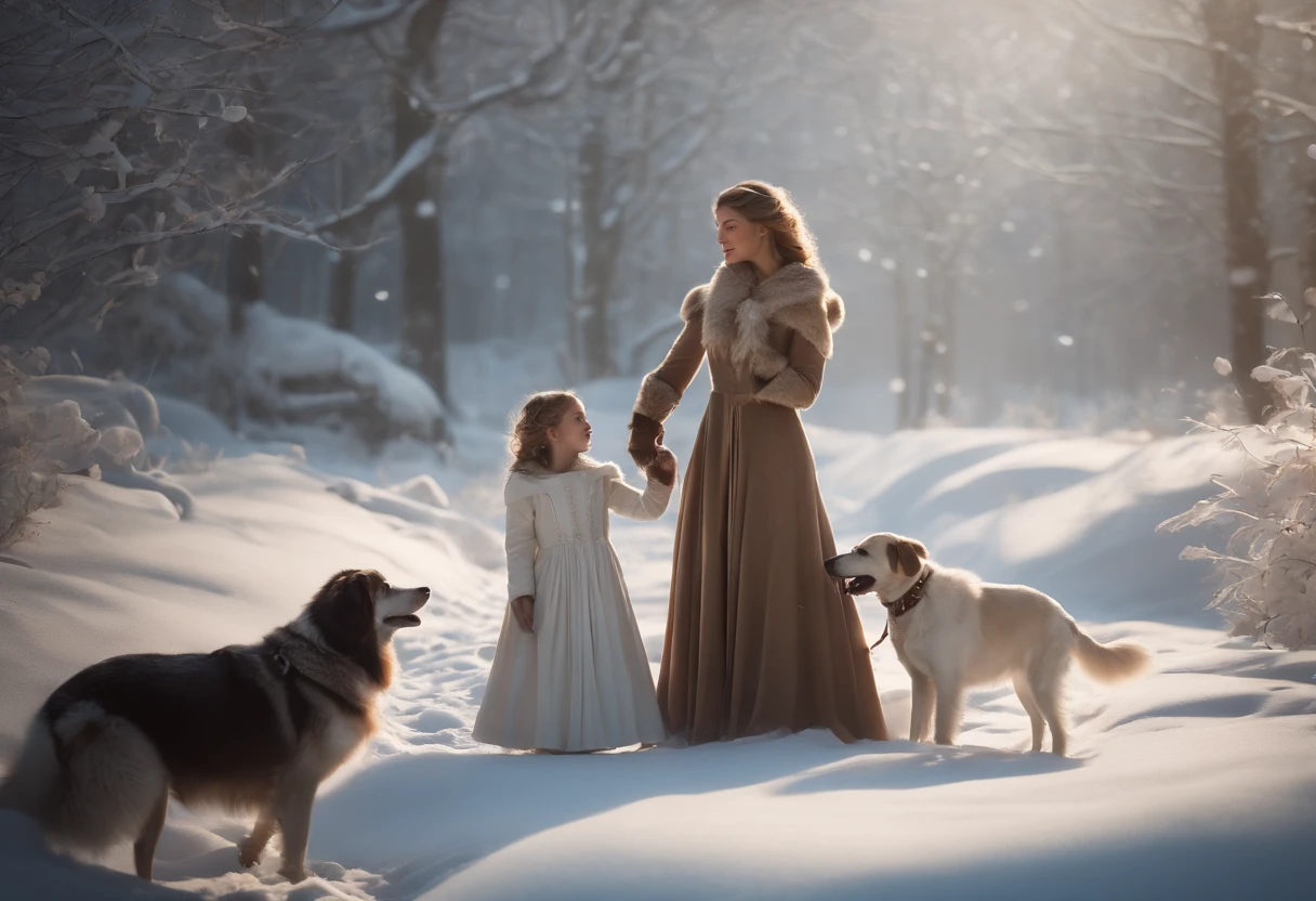 MOTHER AND LITTLE WINTER PRINCESSES, WEARING WHITE PRINCESSES DRESSES, WINTER, SNOWING, NATURE, DOG, 8K, resolution concept art portrait by Greg Rutkowski, Artgerm, WLOP, Alphonse Mucha dynamic lighting hyperdetailed intricately detailed Splash art trending on Artstation triadic colors Unreal Engine 5 volumetric lighting"