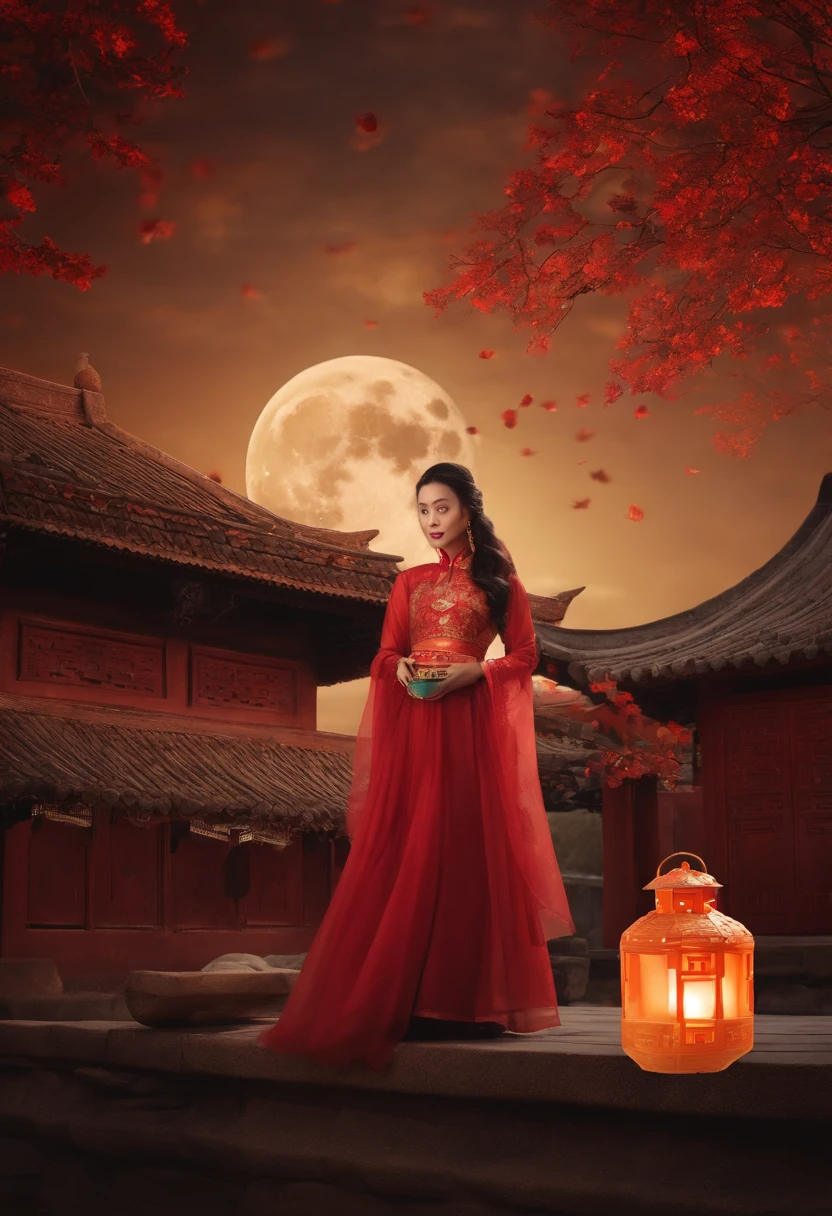 1womanl, 20yr old,((Chinese female celebrity)),The lens is shot from top to bottom,Chinese costumes,Gorgeous,the night,Ancient Chinese architecture,Chinese elements,Wooden dining table,((Mid-Autumn Mooncakes)),candlestick,Candle,lantern,